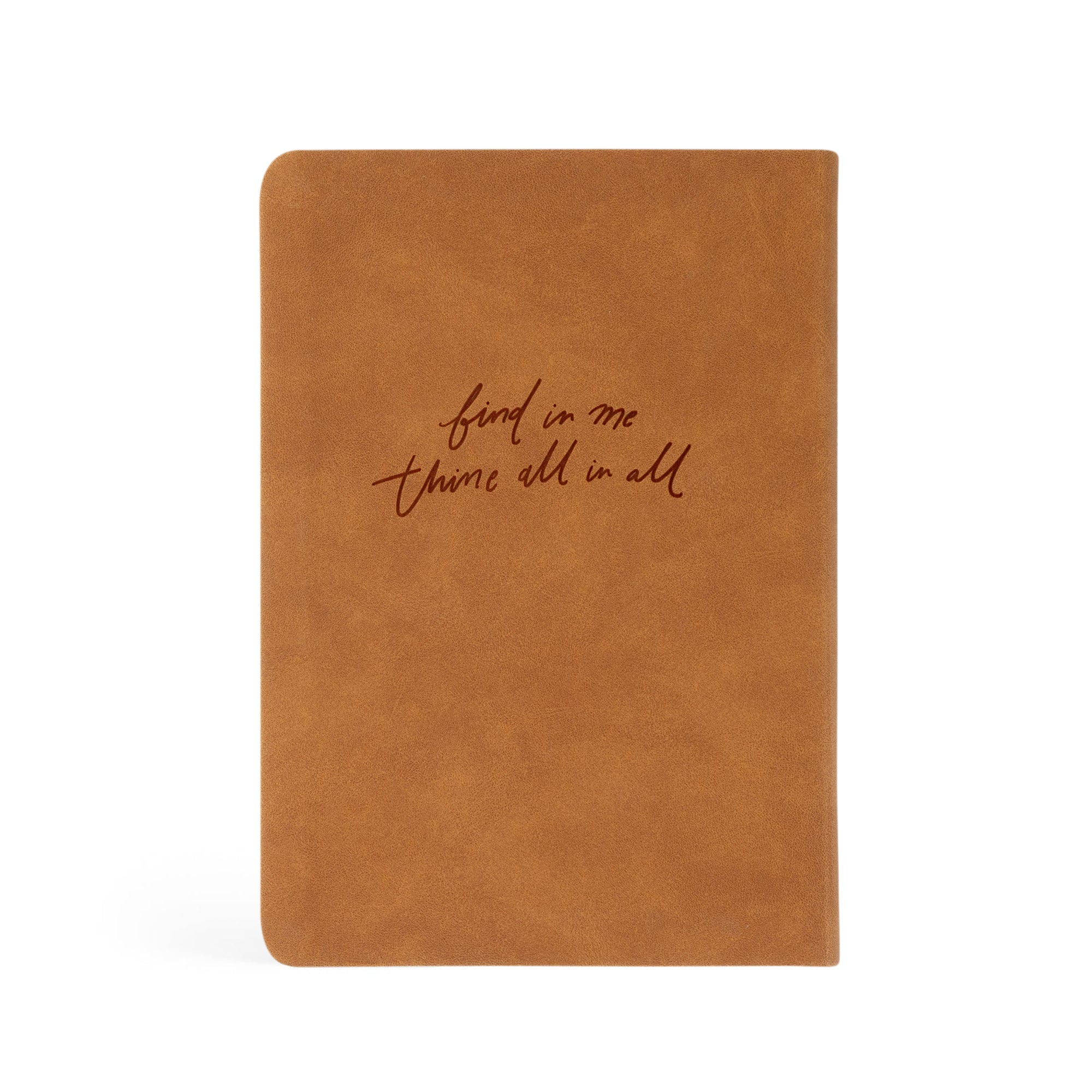Back cover of Amelia leather-like Christian journal with suede-like brown cover featuring the lyric “Find in me thine all in all”