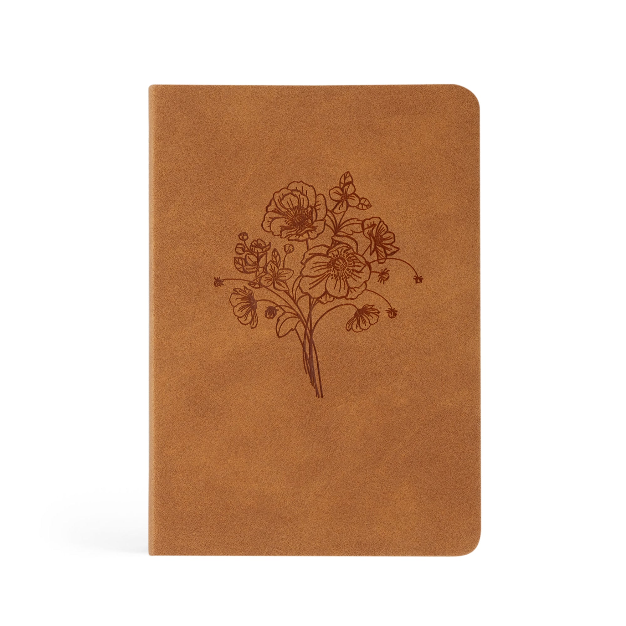 Amelia leather-like Christian journal with suede-like brown cover and minimalist wildflower design for prayer, notes, and reflection