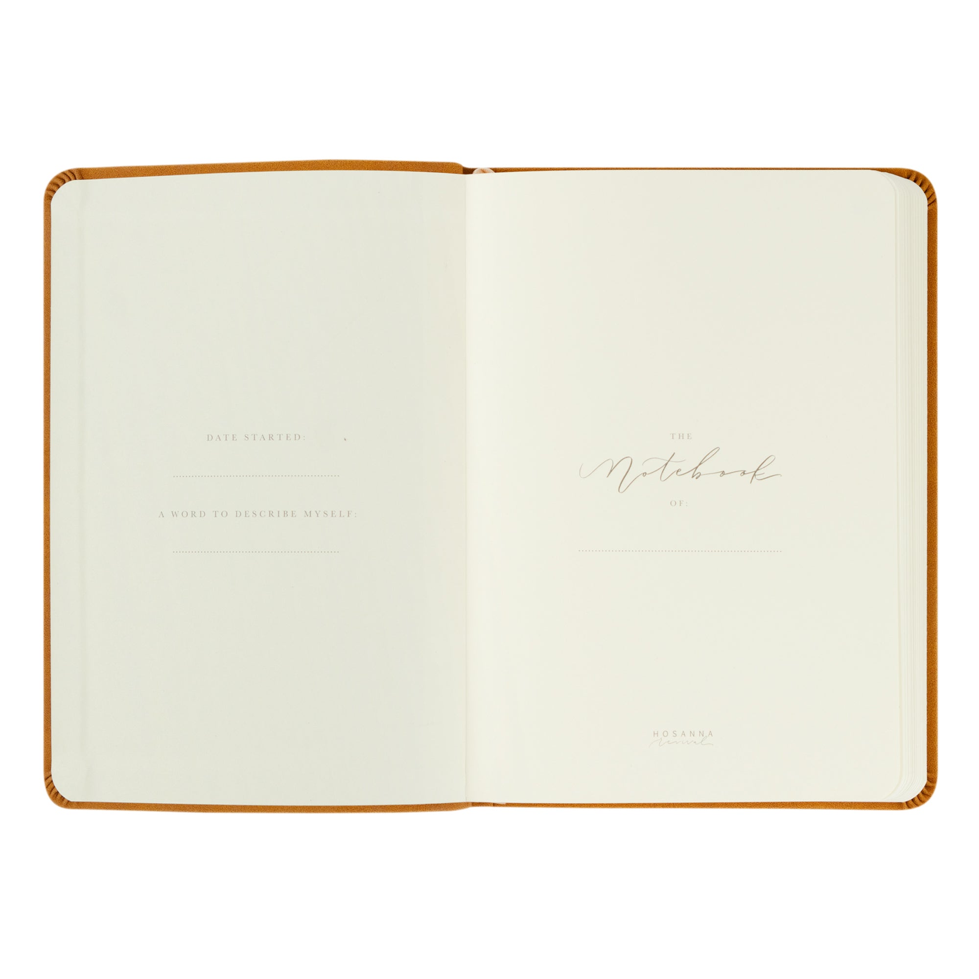 nterior title page of Amelia leather-like Christian journal showing personalized notebook page with flexible softcover and premium paper