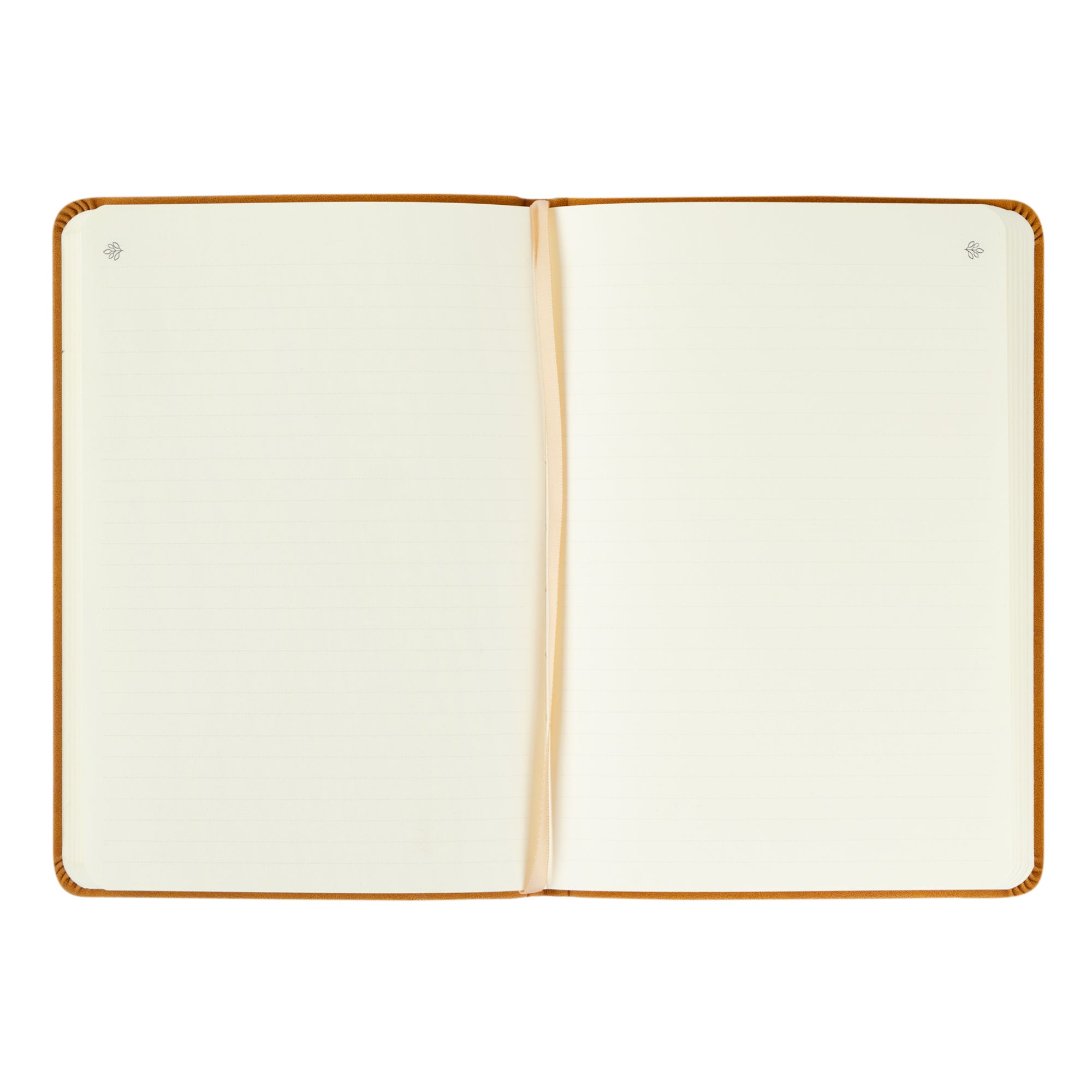 Interior of Amelia leather-like Christian journal showing open lined pages with satin ribbon marker for prayer journaling, notes, and reflection