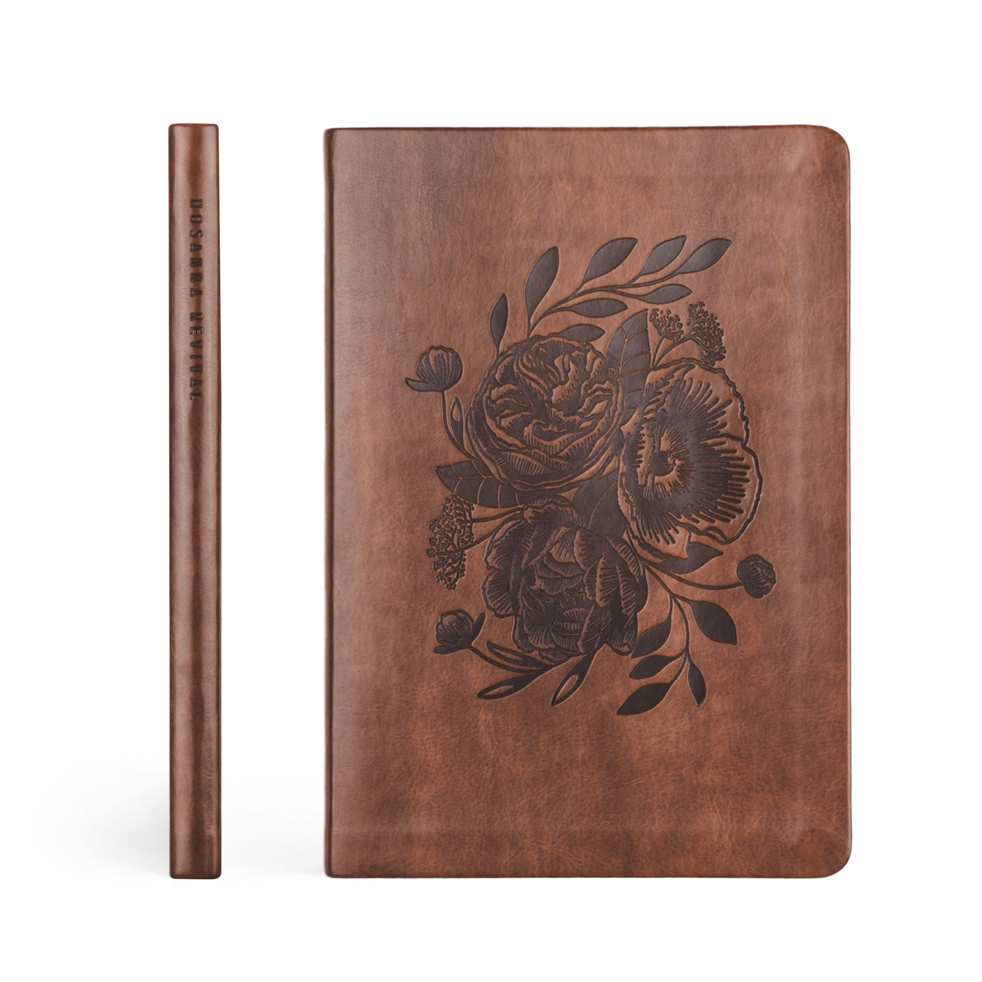 Aurora Christian notebook journal front cover with floral embossed design and spine view on warm brown leather-like cover for prayer journaling, Scripture writing, and Bible study