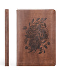 Aurora Christian notebook journal front cover with floral embossed design and spine view on warm brown leather-like cover for prayer journaling, Scripture writing, and Bible study