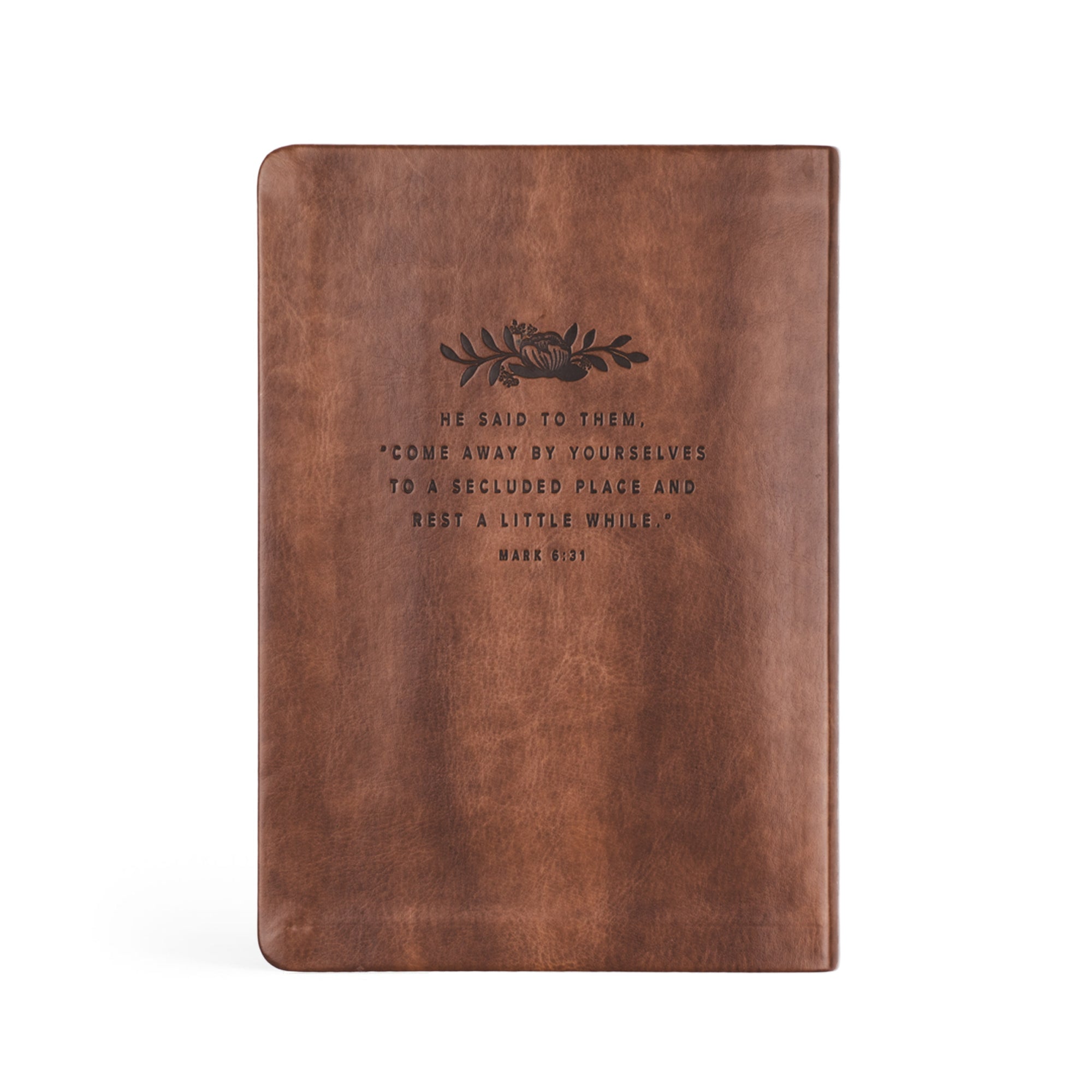 Aurora Christian notebook journal back cover with Mark 6:31 Scripture on warm brown leather-like cover for prayer journaling, Scripture reflection, and devotional writing