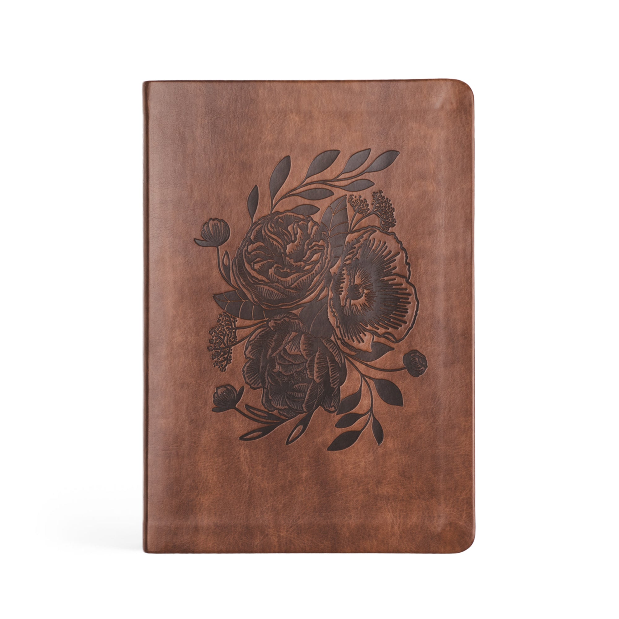 Aurora Christian notebook journal with floral design embossed on warm brown leather-like cover for prayer journaling, Scripture reflection, and daily devotion