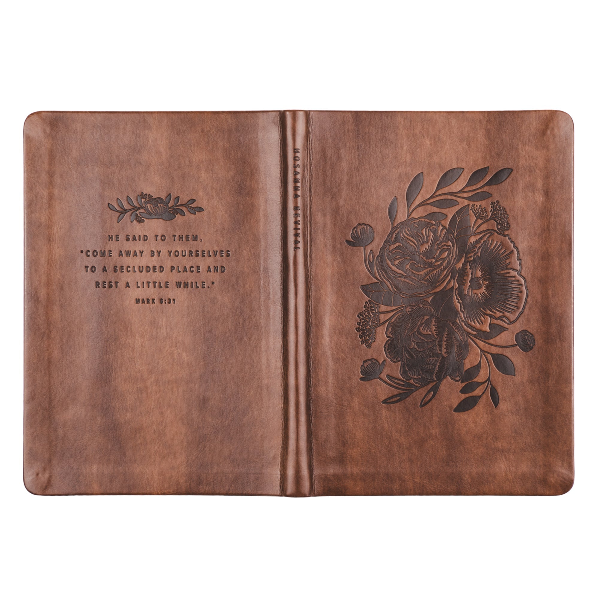 Aurora Christian notebook journal open flat showing floral design on front and Mark 6:31 Scripture on back warm brown leather-like cover for prayer journaling and devotional writing