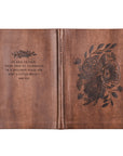 Aurora Christian notebook journal open flat showing floral design on front and Mark 6:31 Scripture on back warm brown leather-like cover for prayer journaling and devotional writing