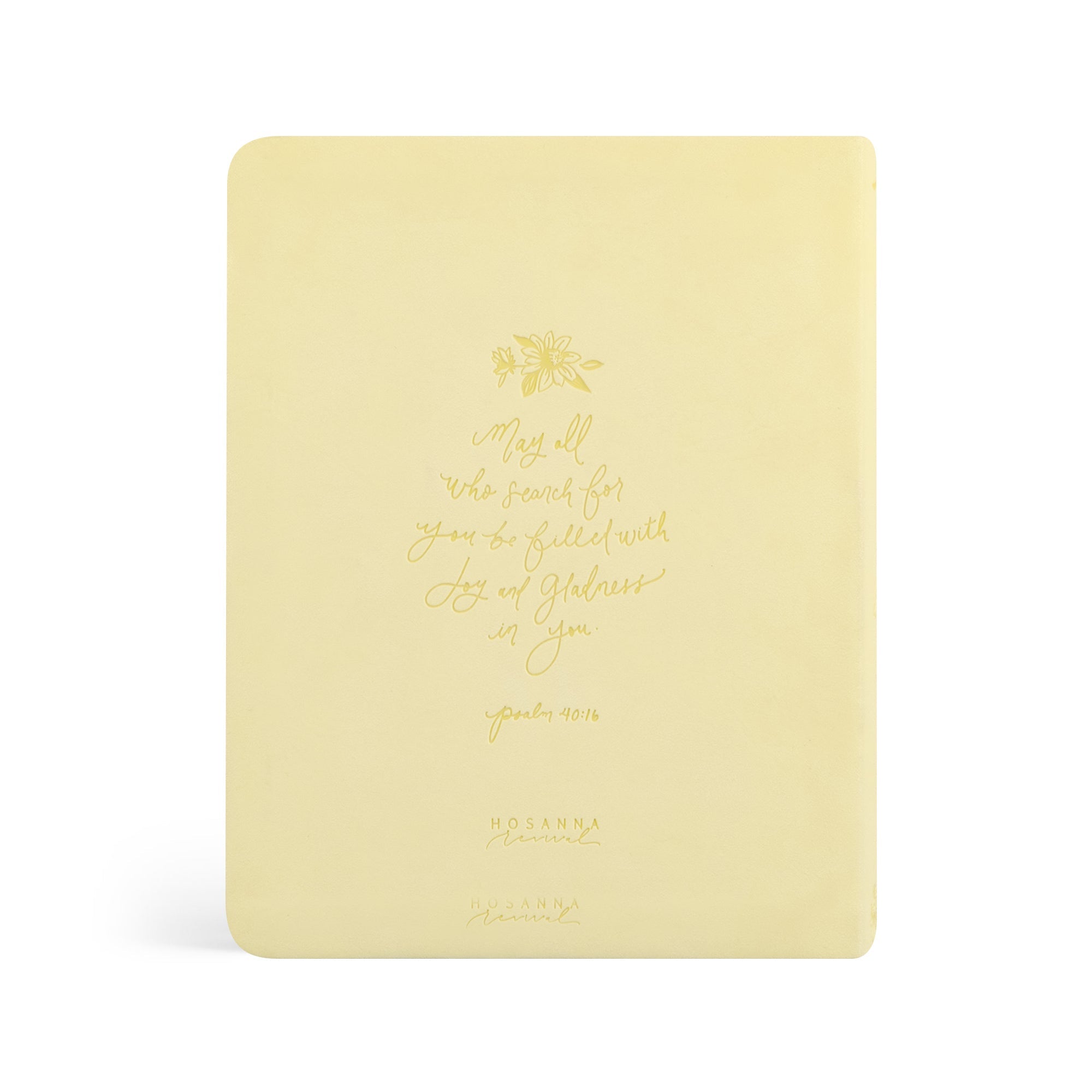 Back cover of Belfast NLT journaling Bible in butter yellow featuring Psalm 40:16 verse in gold lettering