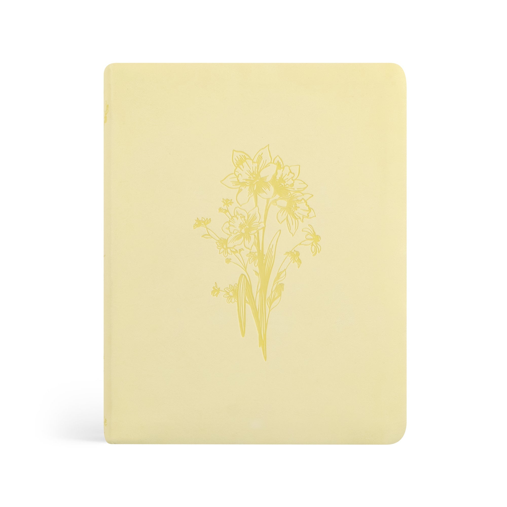 Belfast NLT journaling Bible with soft butter yellow cover and embossed daffodil design