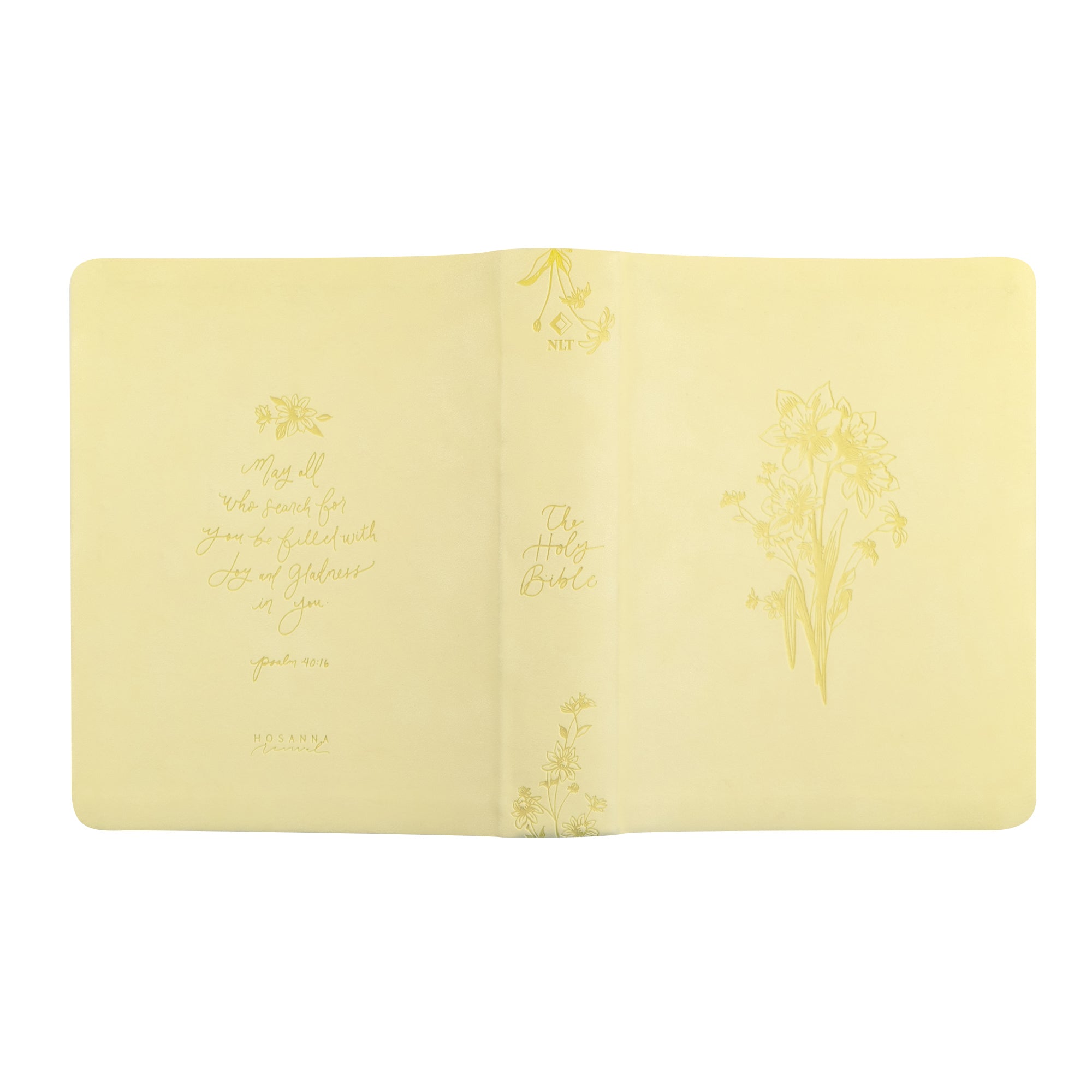 Belfast NLT journaling Bible full wrap showing front, spine, and back butter yellow daffodil design