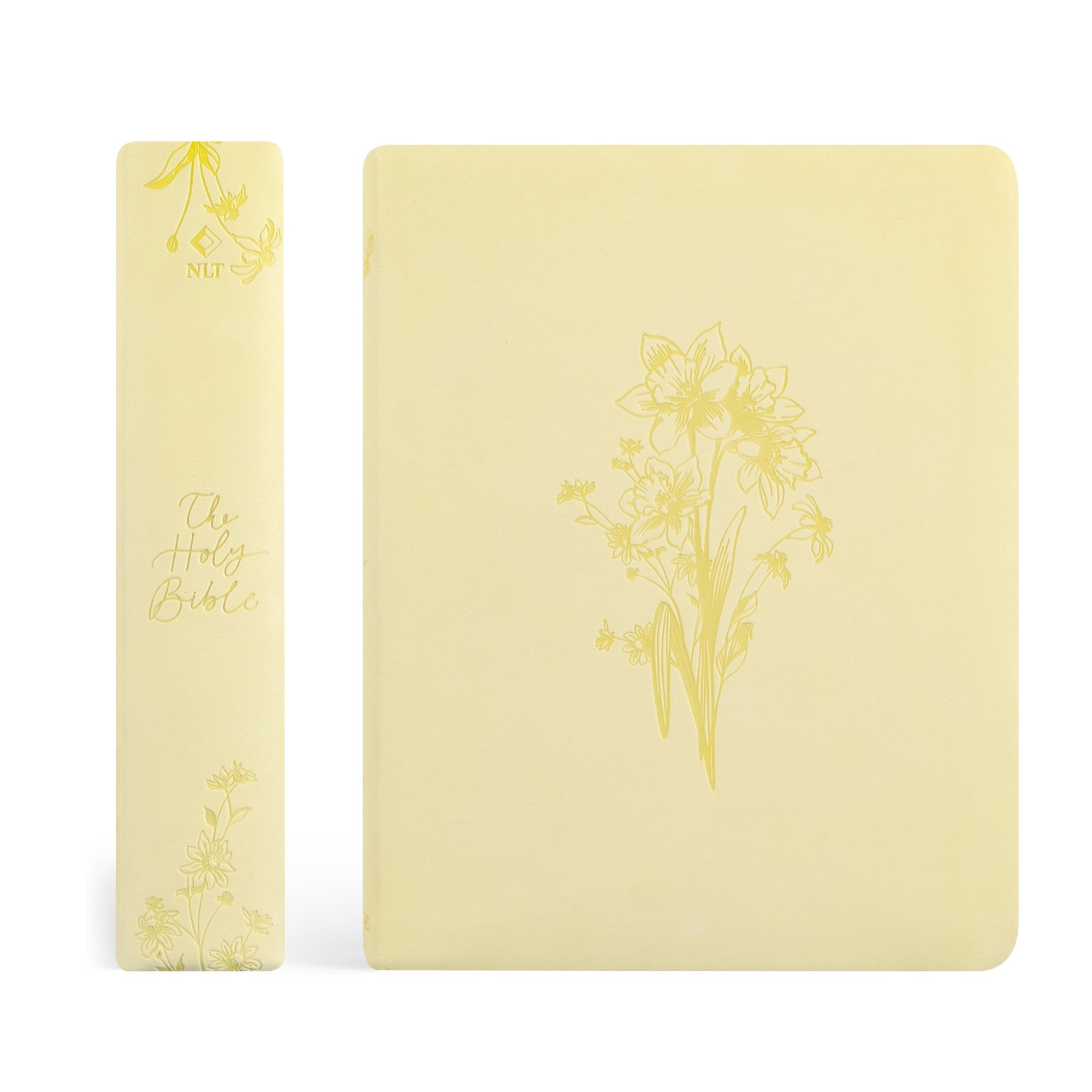 Belfast NLT journaling Bible showing spine and soft butter yellow daffodil cover design