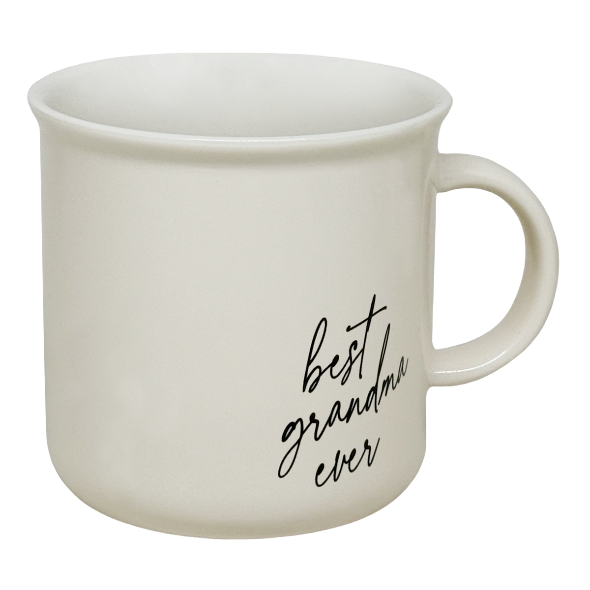 Best Grandma Ever cream campfire mug with black script lettering, a flared rim, and a rounded handle.