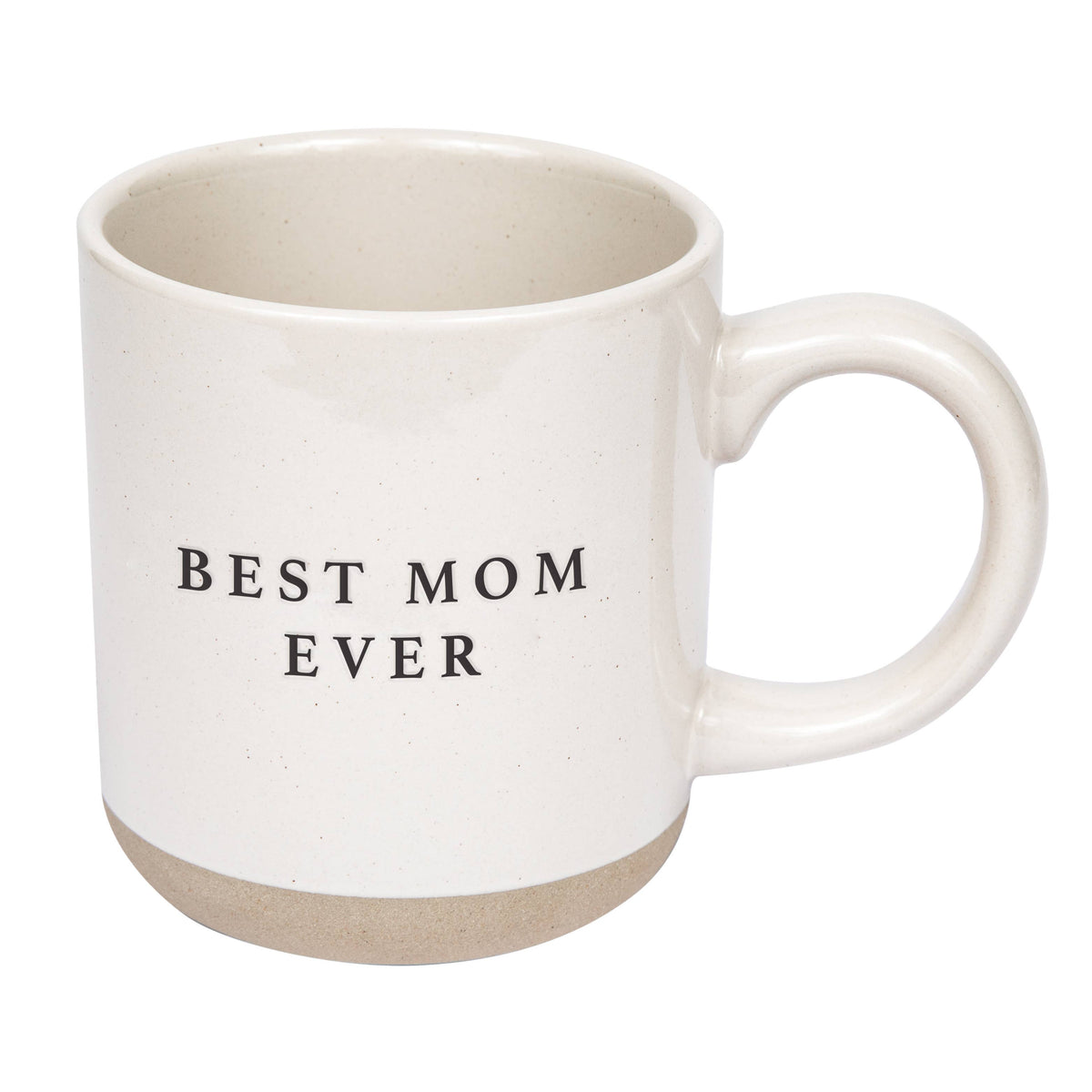 Best Mom Ever cream speckled stoneware mug with black lettering, a rounded handle, and a natural tan base.