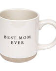 Best Mom Ever cream speckled stoneware mug with black lettering, a rounded handle, and a natural tan base.