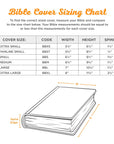 Bible cover sizing chart showing how to measure Bible width, height, and spine to choose the correct size cover, Christian Bible cover measurement guide