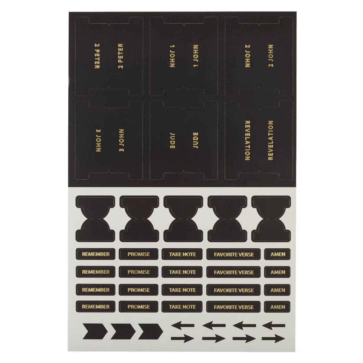 Set of black and gold sticker index tabs with blanks and symbols.