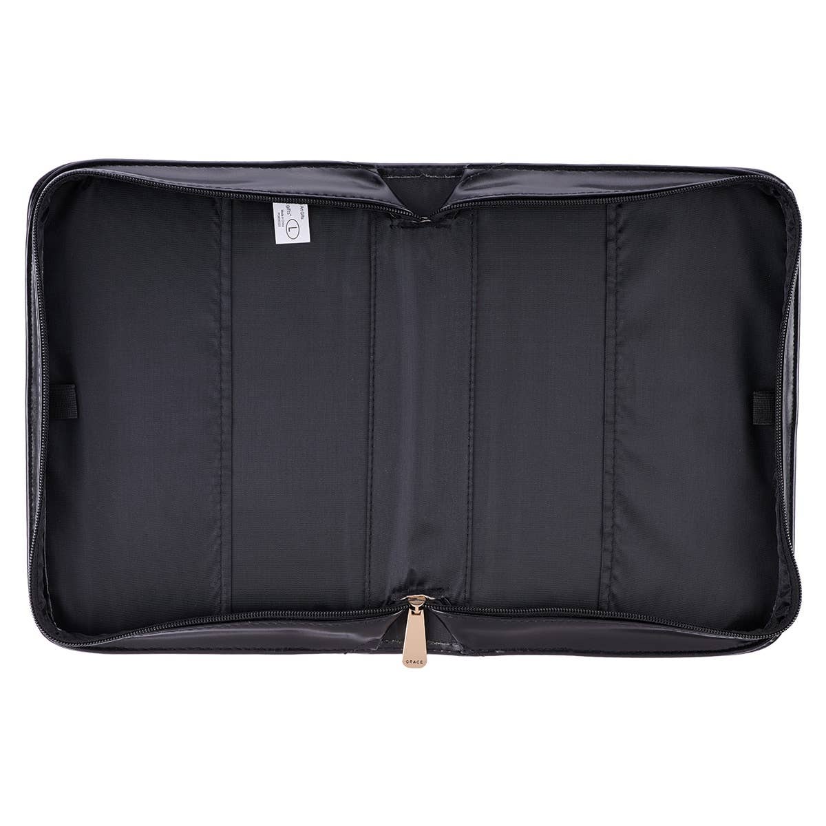 Interior view of Blessed black croc faux leather Bible cover laid open, showing pen loops, zipper, and interior organization