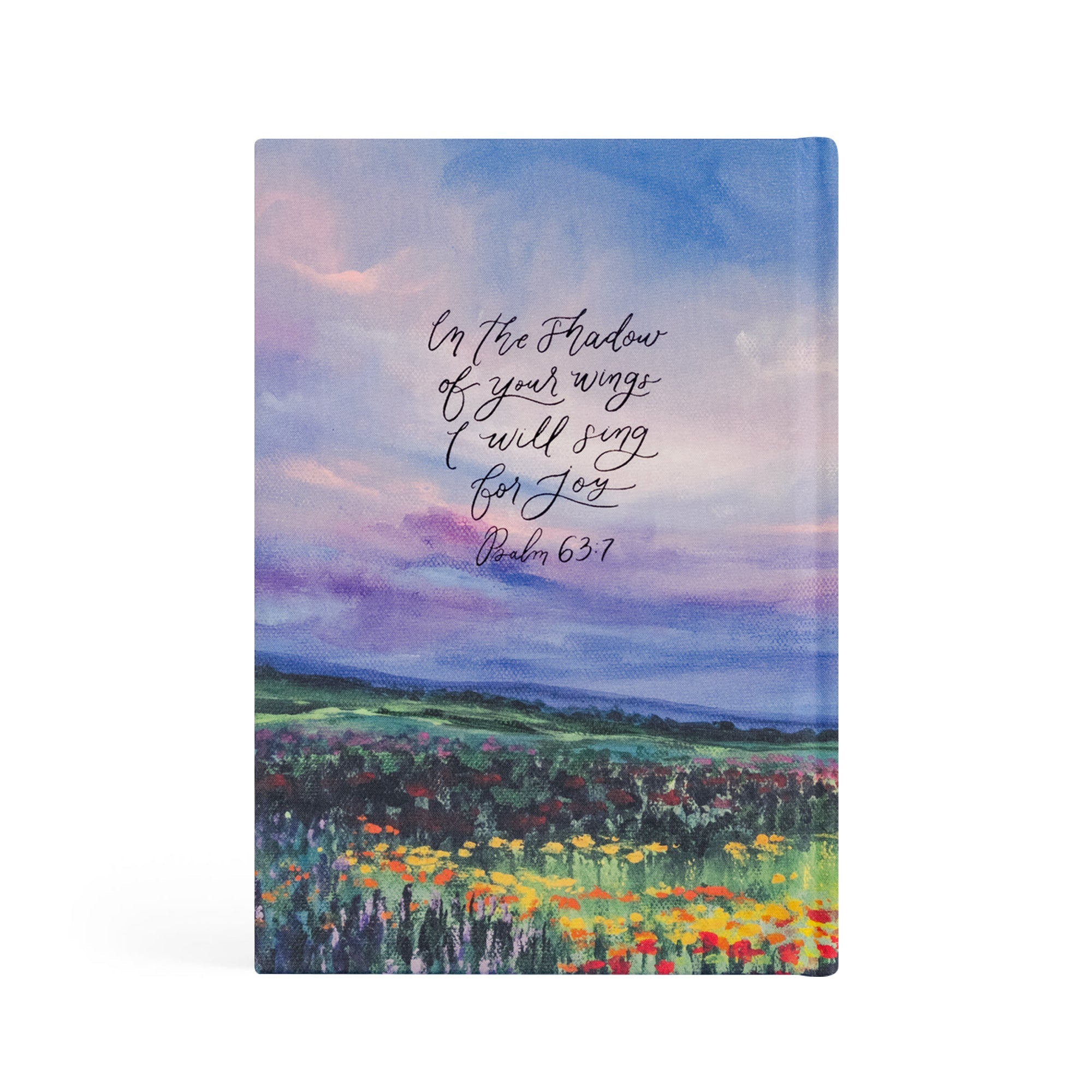 Back cover of Cana Christian notebook featuring Psalm 63:7 Scripture about singing for joy under God's protection