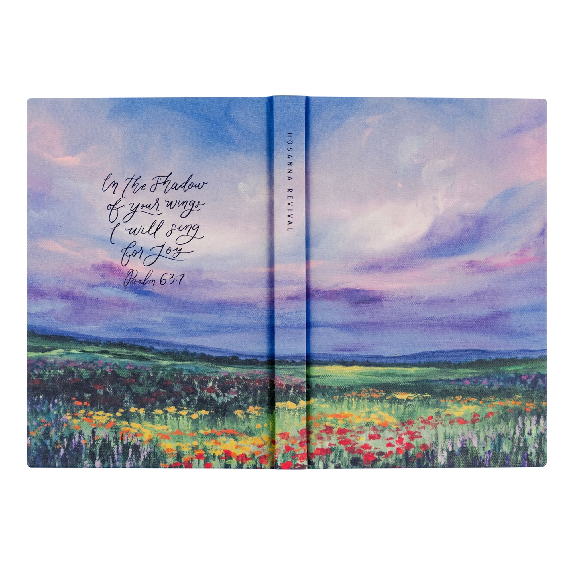 Full wrap cover of Cana Christian notebook showing purple and blue landscape with colorful wildflowers and Psalm 63:7 Scripture