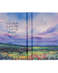 Full wrap cover of Cana Christian notebook showing purple and blue landscape with colorful wildflowers and Psalm 63:7 Scripture