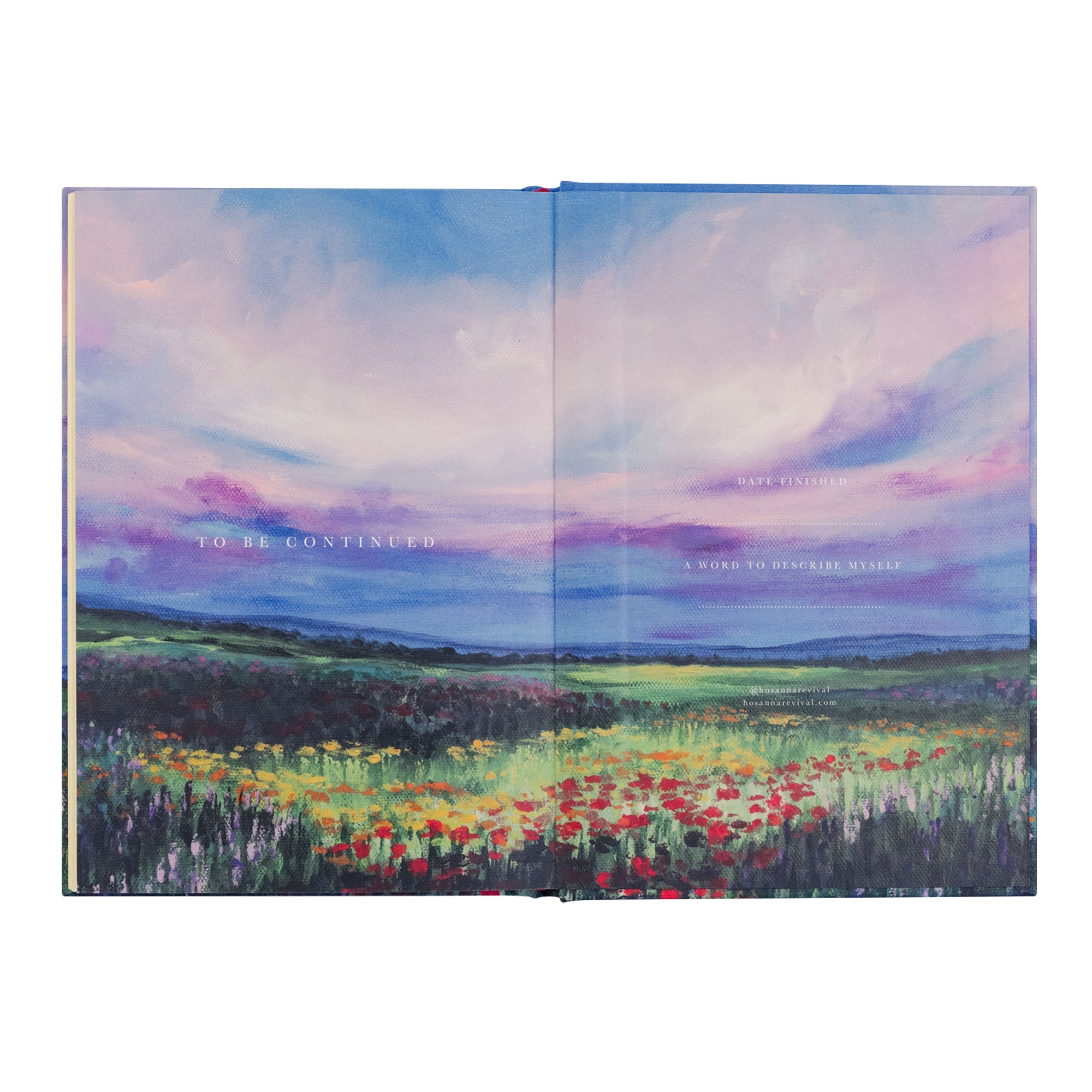 Interior closing pages of Cana Christian notebook featuring colorful landscape design with space to reflect and continue journaling