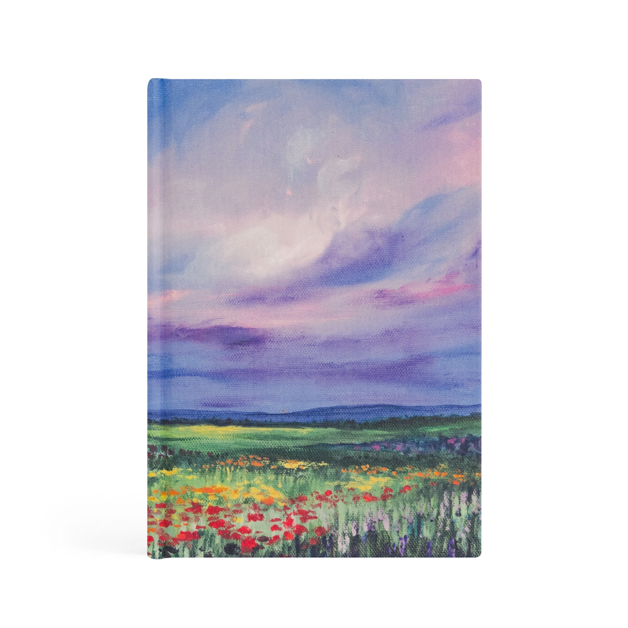 Cana Christian notebook with purple and blue landscape design and vibrant red wildflowers inspired by the miracle at Cana
