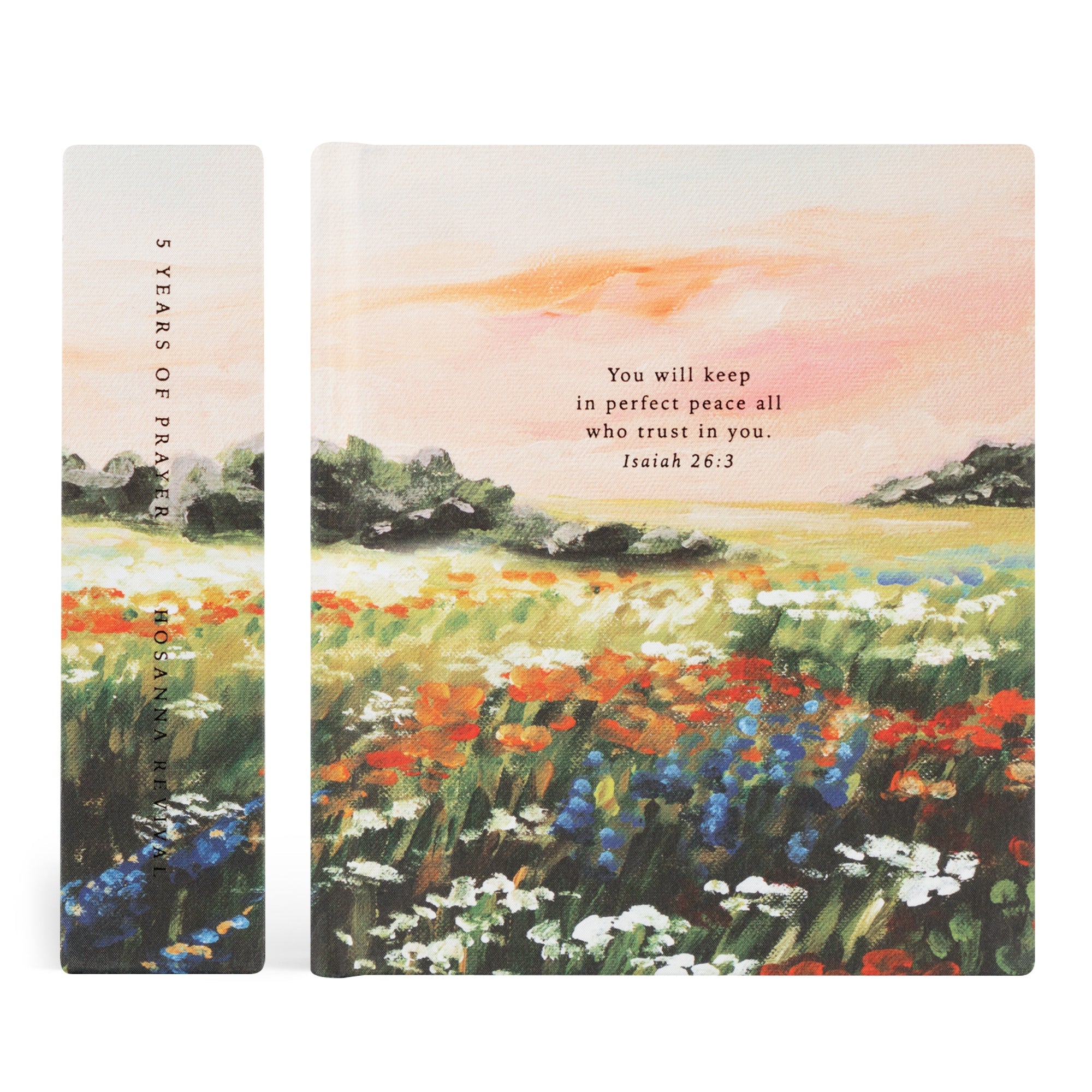 Coram 5 year prayer journal showing cover and spine with Isaiah 26:3 and floral landscape design