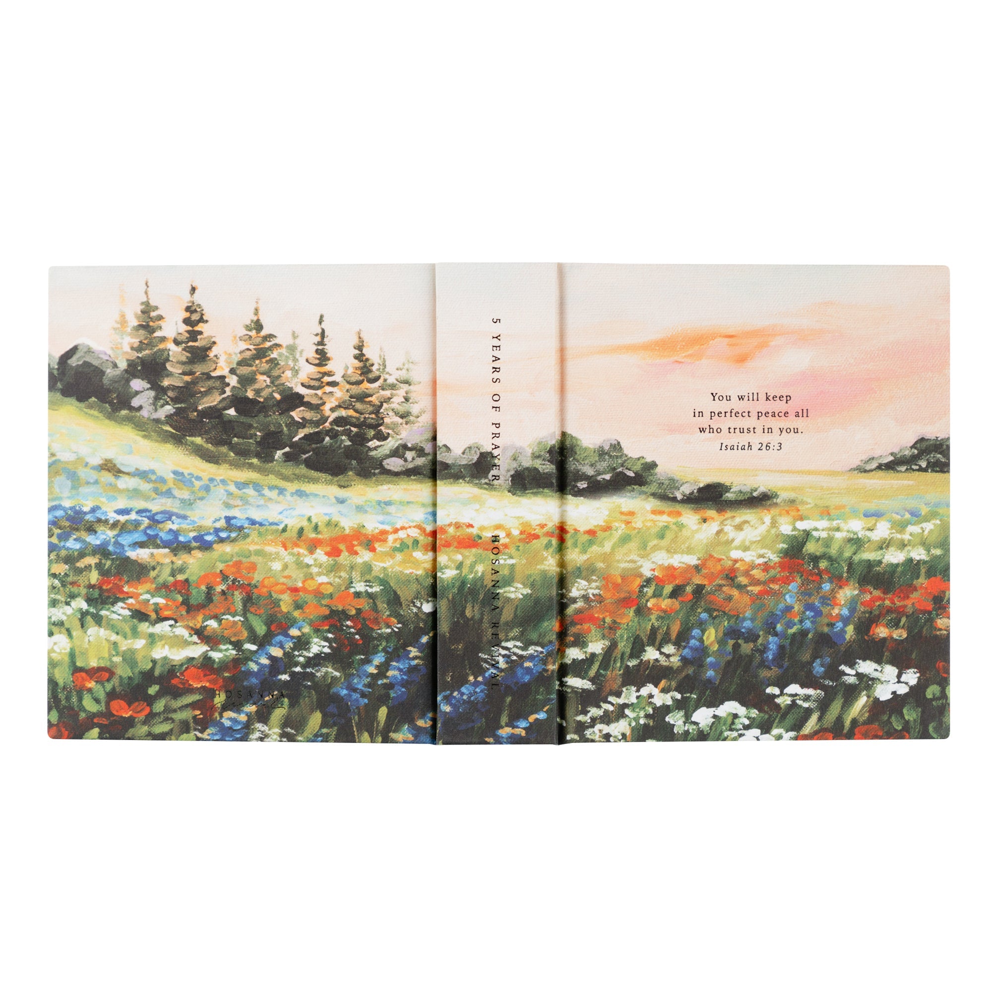 Coram 5 year prayer journal full wrap cover showing floral landscape with trees and sunset design