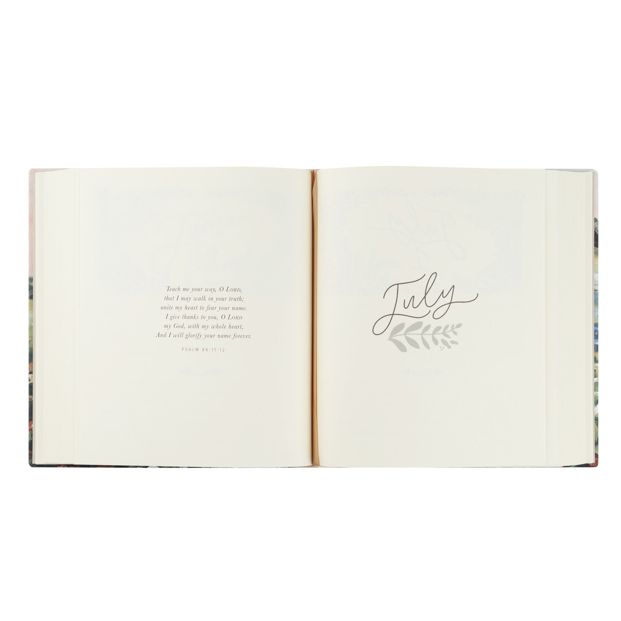 Coram 5 year prayer journal interior showing July monthly page with Scripture and guided layout