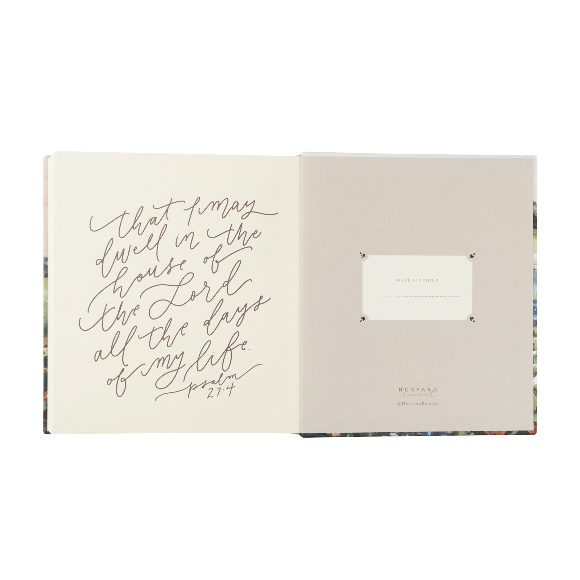 Coram 5 year prayer journal closing interior featuring Psalm 27:4 scripture page with elegant typography and date finished. 