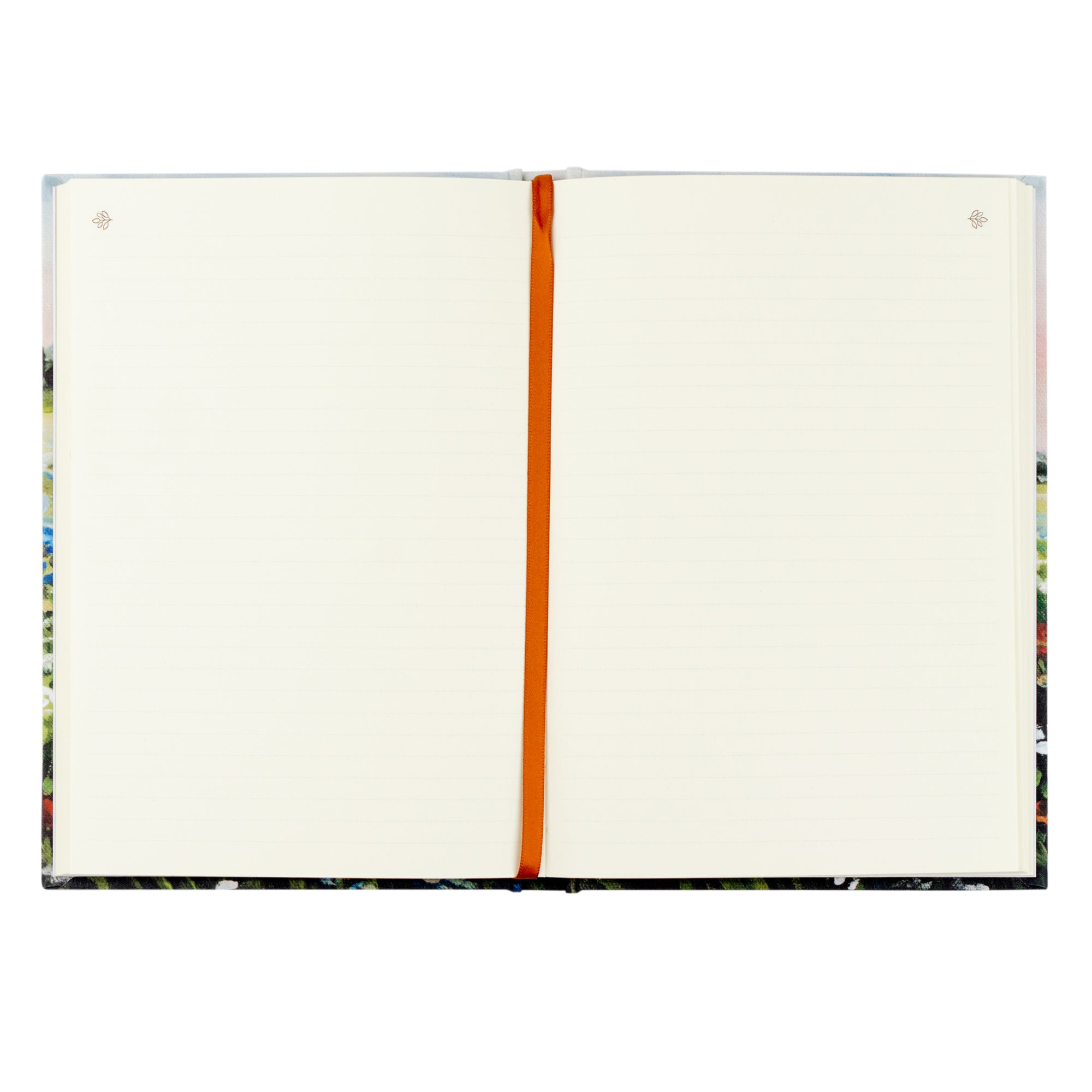 Open spread of the Coram Christian journal showing cream lined pages with a rust-orange ribbon bookmark, perfect for Bible study notes, prayer journaling, and quiet-time reflections.
