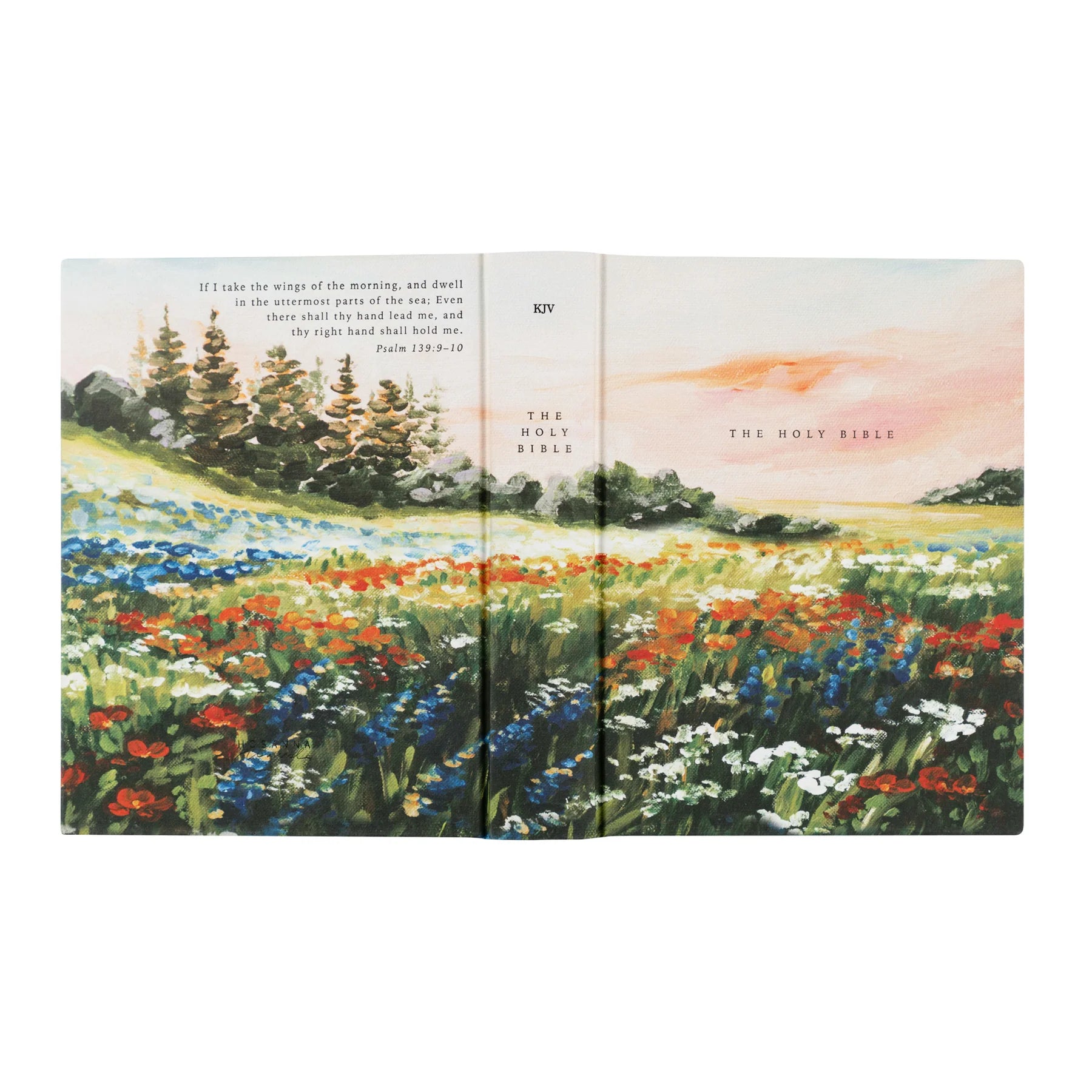 Coram KJV Bible full wrap cover with wildflowers, trees, and sunset landscape artwork