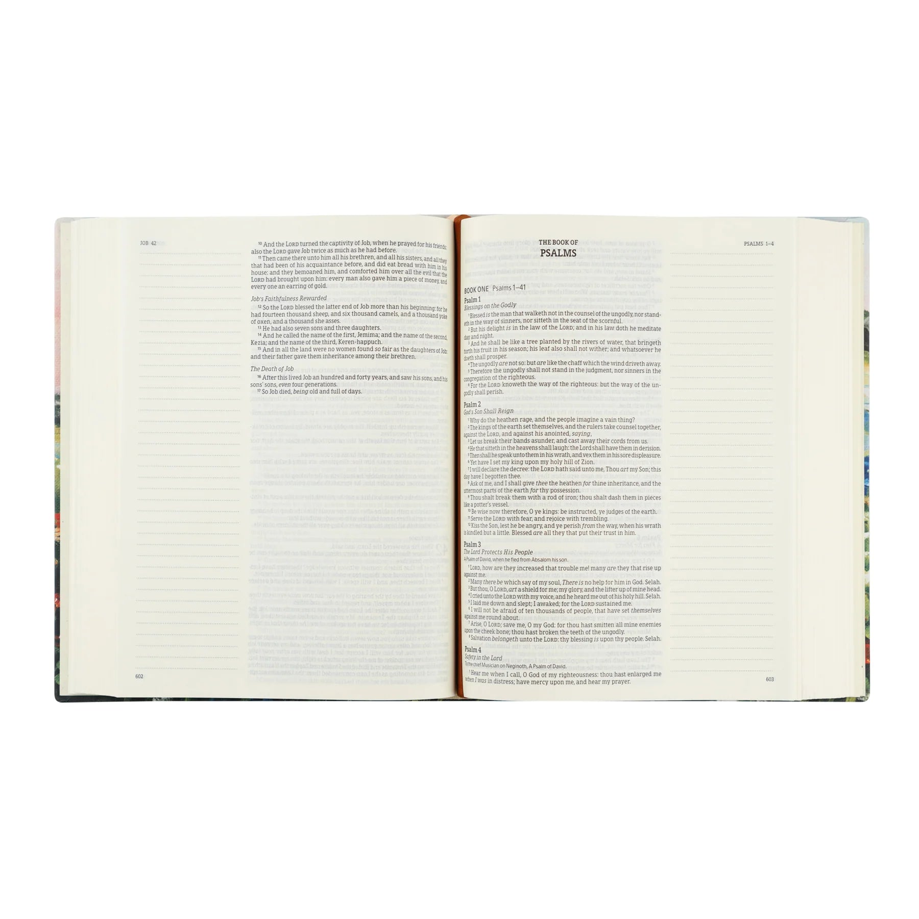 Open KJV Bible showing Psalms with wide margins for journaling and notes