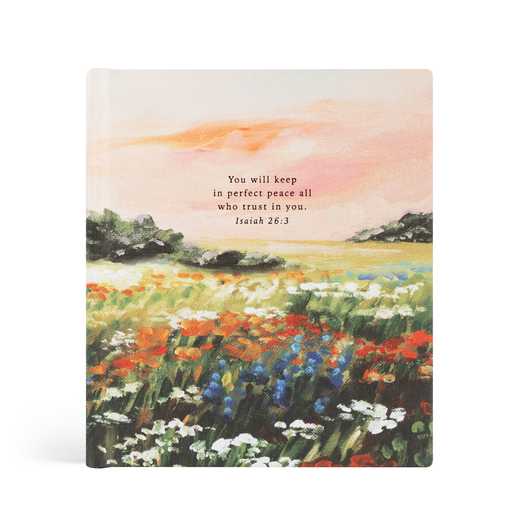 Coram prayer journal cover featuring Isaiah 26:3 with floral landscape and sunset design