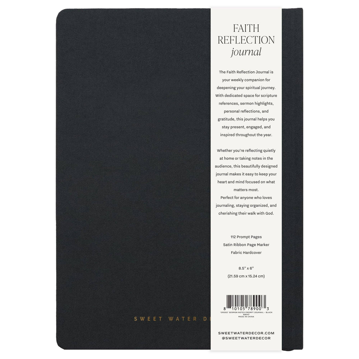 Back cover of the Sweet Water Decor Cross Sermon Notes Journal with packaging showing its features, dimensions, and 112 prompted pages.