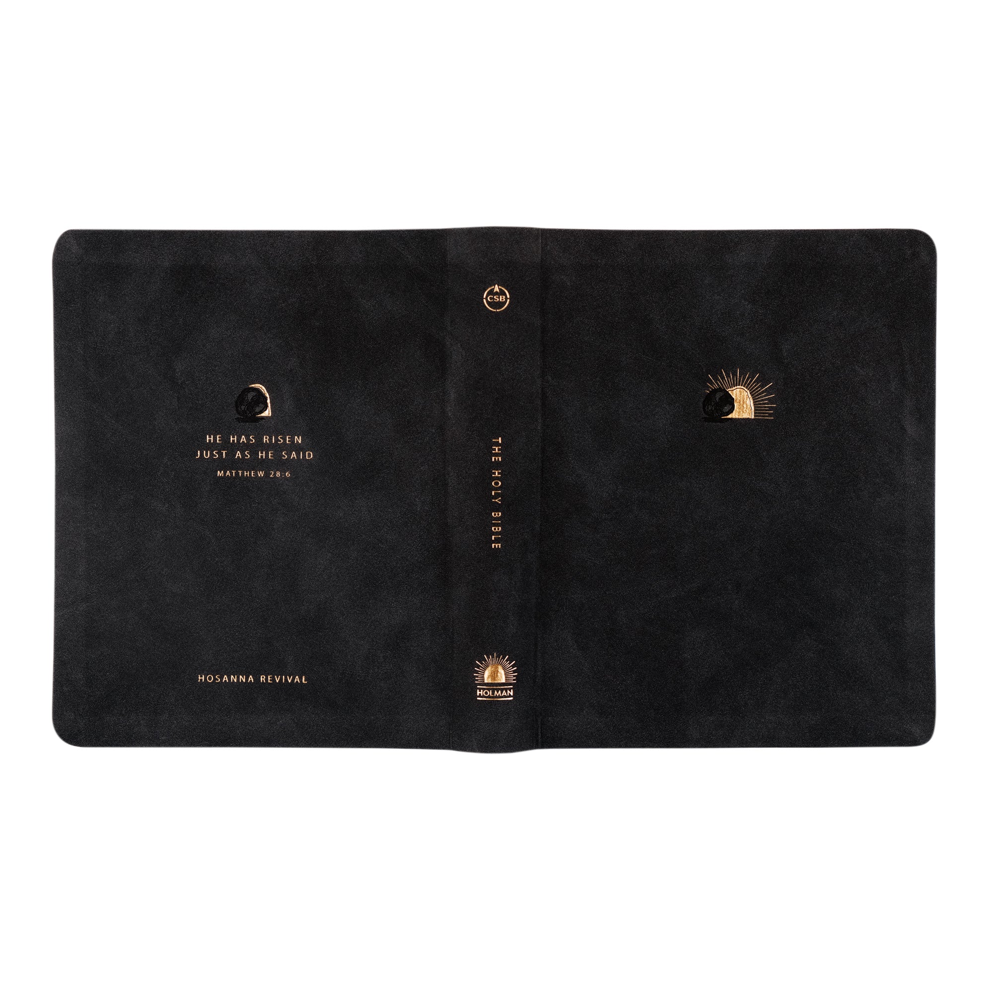 Full cover layout of the CSB Jerusalem Bible by Hosanna Revival, shown open and flat in black suede with gold-foil sunrise and tomb artwork, featuring the verse ‘He has risen just as He said — Matthew 28:6.’