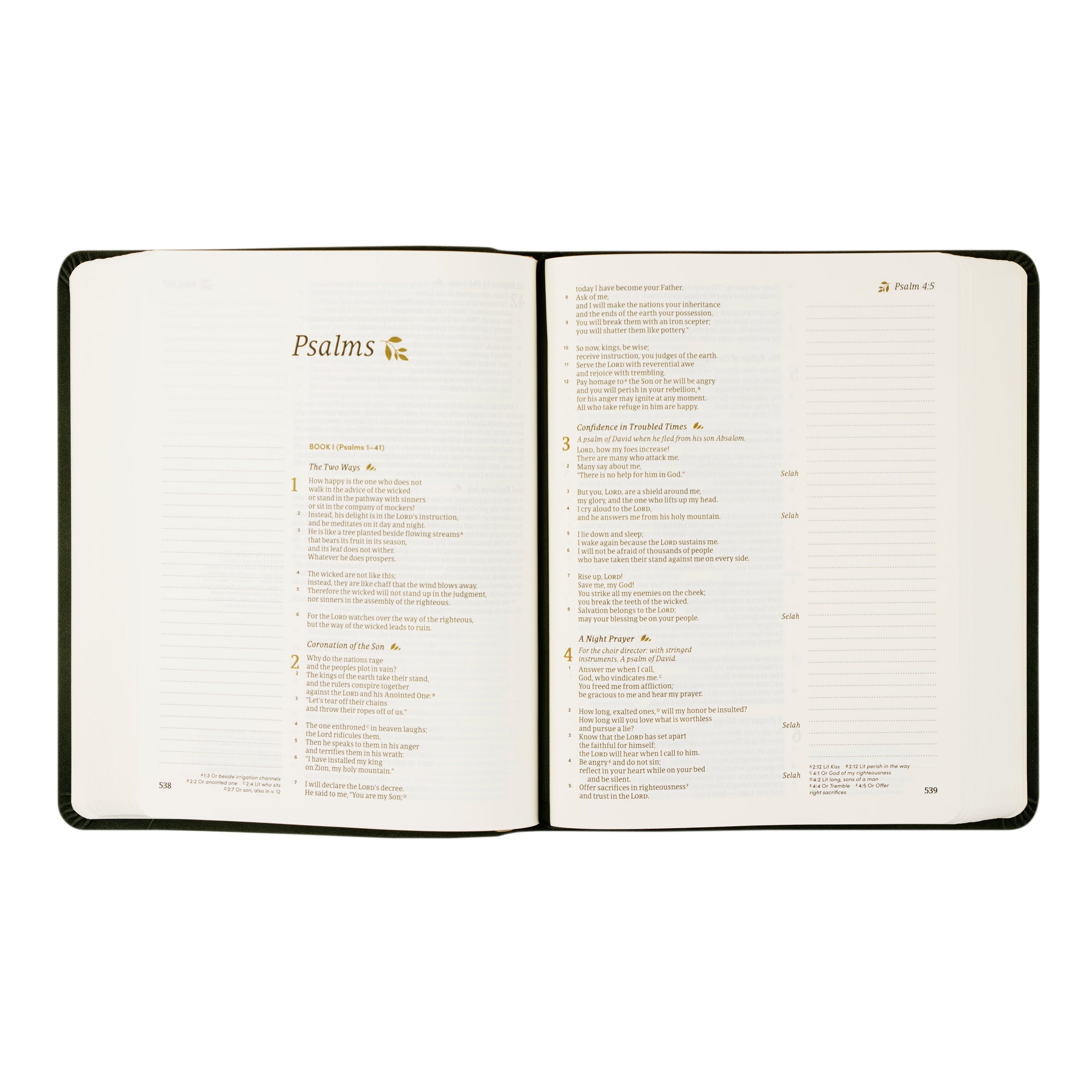 Open CSB Jerusalem Bible laying flat on a white background, displaying the book of Psalms with single-column text and wide margins for notes.