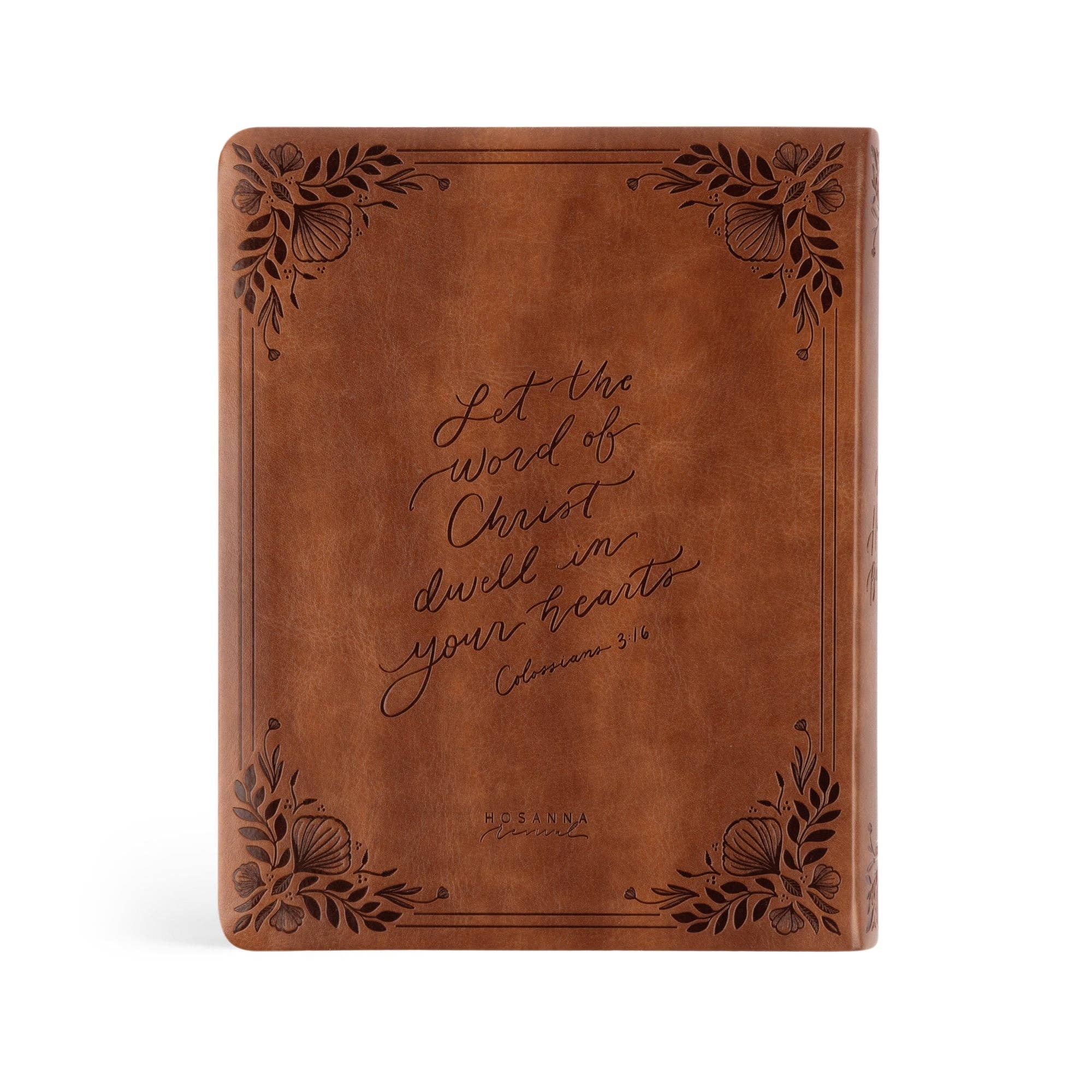 Back cover of CSB Notetaking Bible Edinburgh theme featuring Colossians 3:16 verse on chocolate leather-like cover with floral embossing