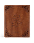Back cover of CSB Notetaking Bible Edinburgh theme featuring Colossians 3:16 verse on chocolate leather-like cover with floral embossing
