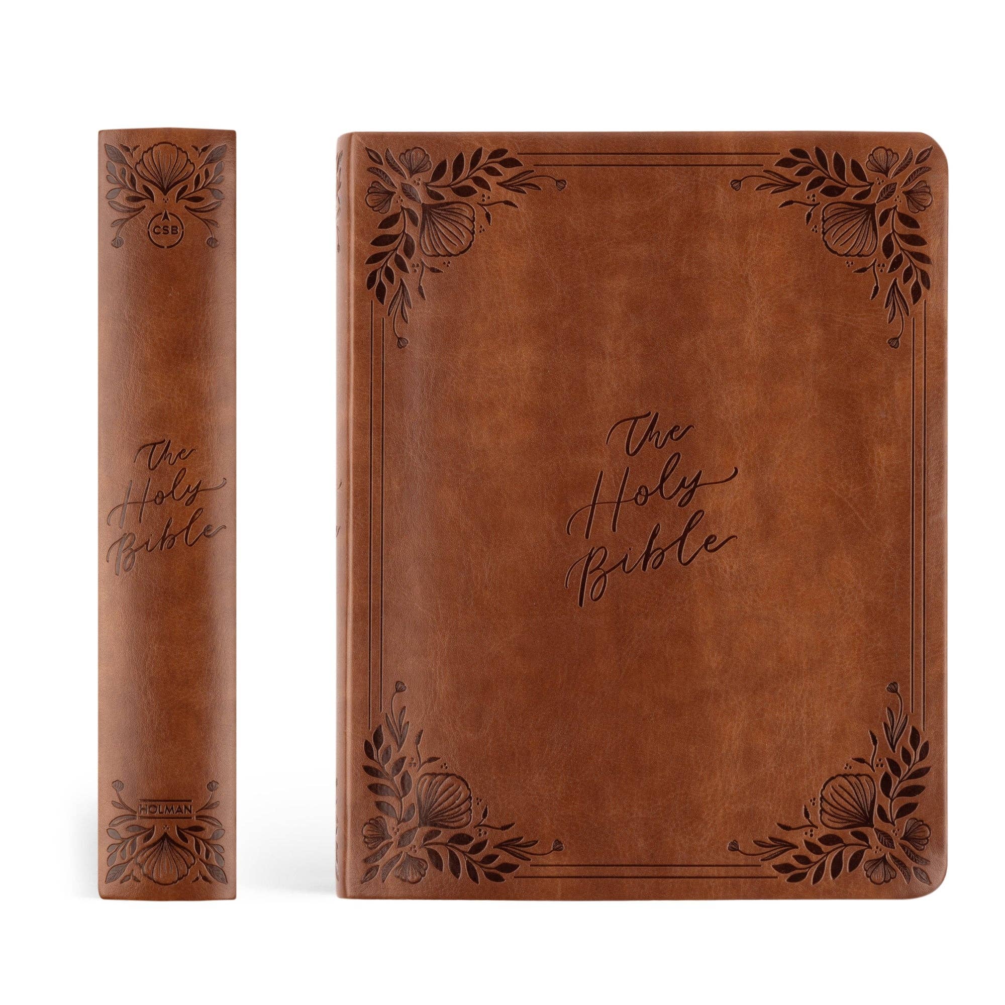 CSB Notetaking Bible Edinburgh chocolate floral theme showing front cover and spine with leather-like cover and embossed floral design