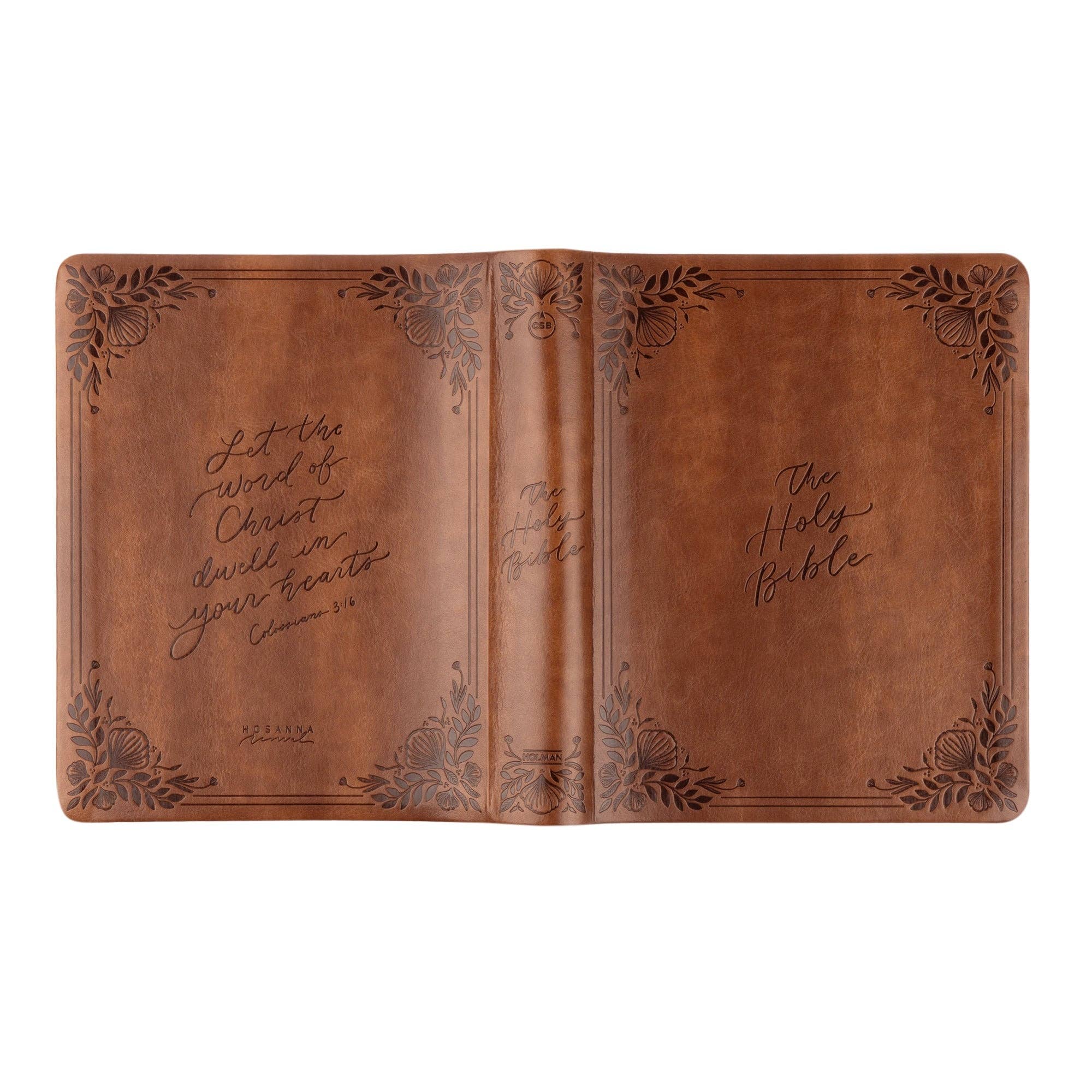 CSB Notetaking Bible Edinburgh chocolate floral theme showing full wrap design with front cover, spine, and back cover featuring Colossians 3:16 on leather-like cover