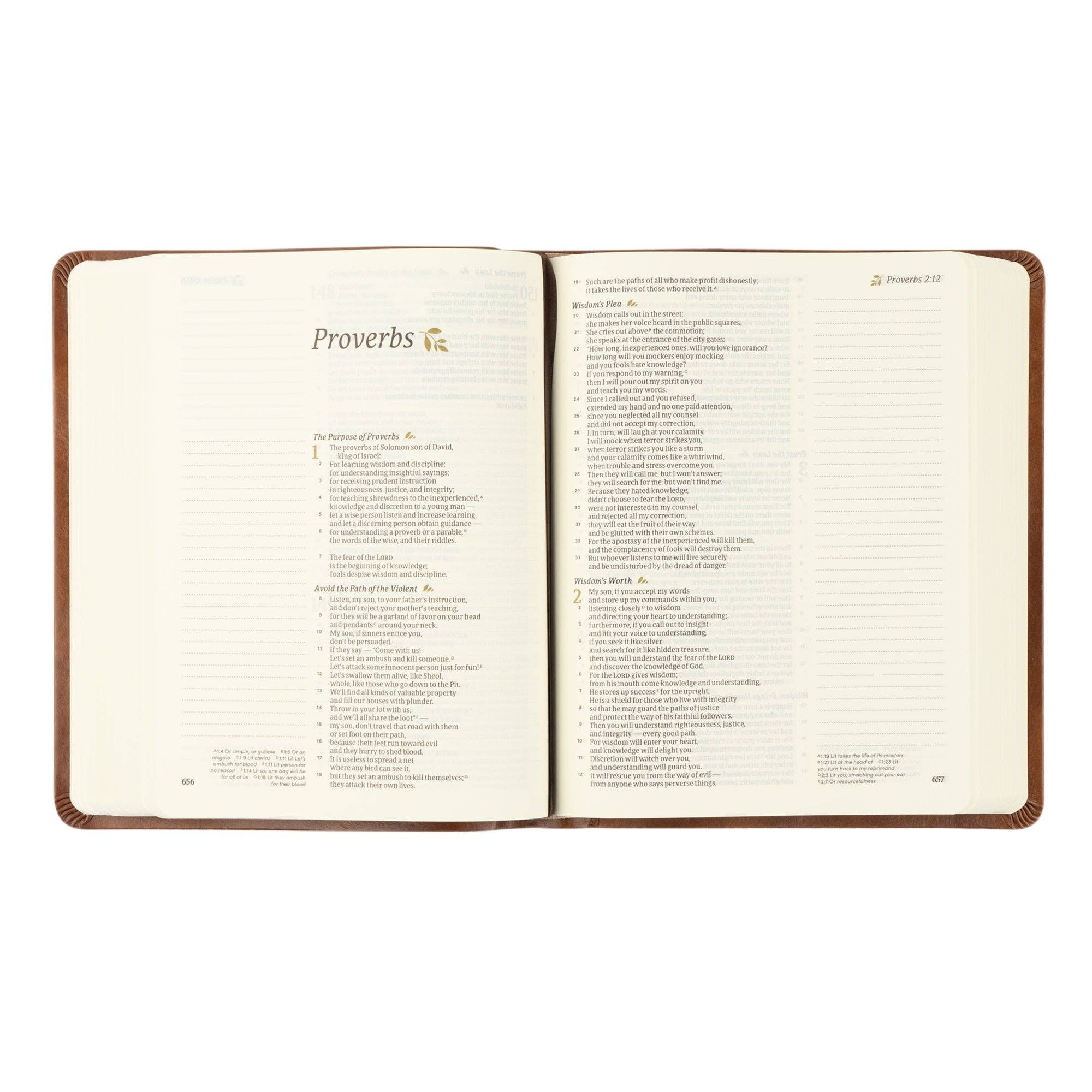 Interior of CSB Notetaking Bible Edinburgh theme showing open Bible with wide lined margins for journaling, Scripture notes, and prayer reflection