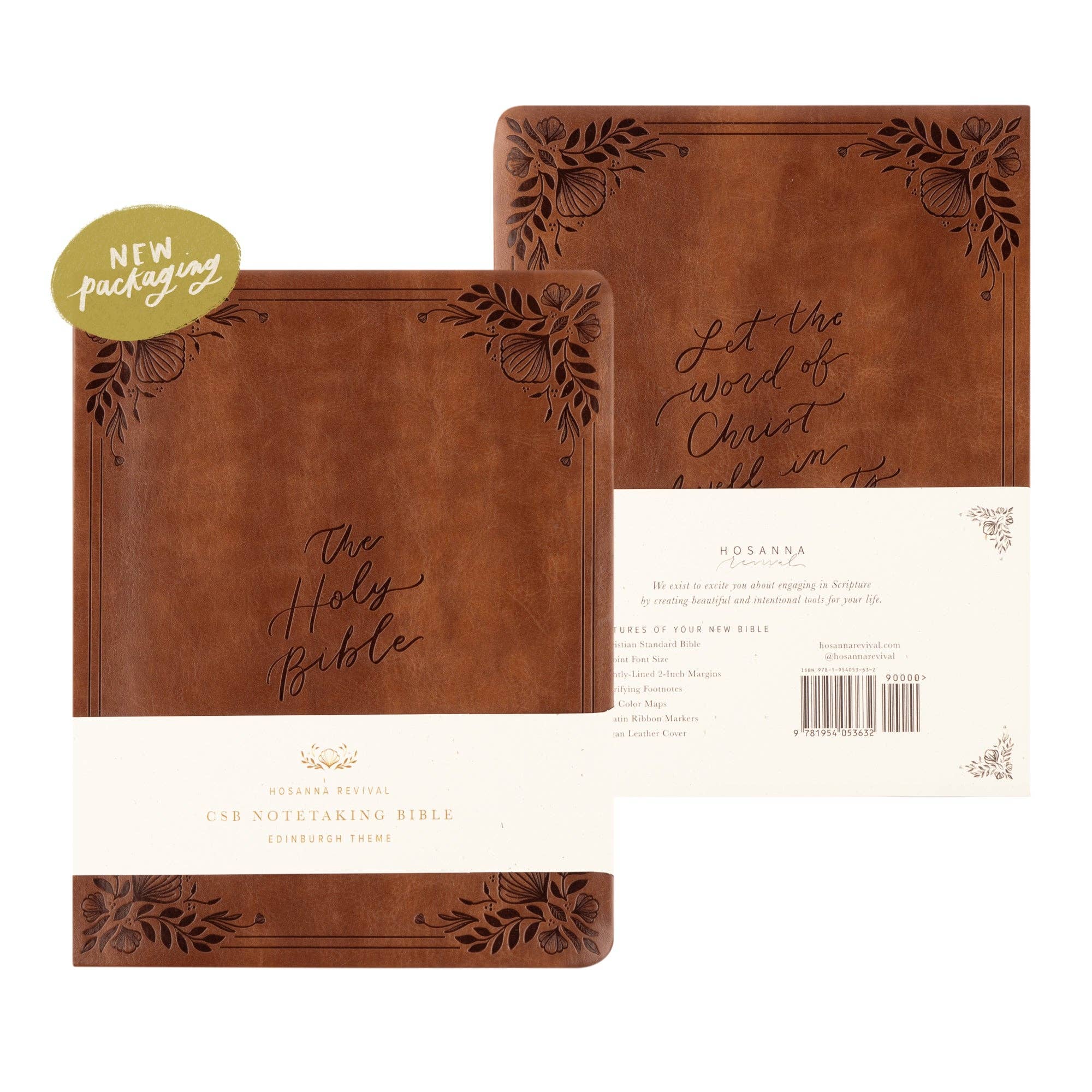 CSB Notetaking Bible Edinburgh chocolate floral theme showing front and back cover with new packaging and leather-like embossed design