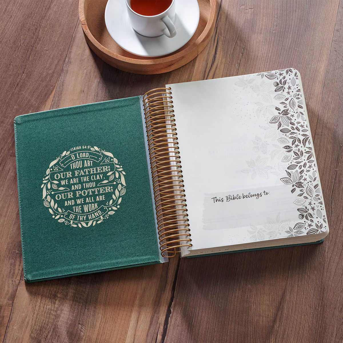 Teal My Creative Bible KJV open to the illustrated owner personalization page with Isaiah 64:8 inside cover
