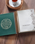 Teal My Creative Bible KJV open to the illustrated owner personalization page with Isaiah 64:8 inside cover