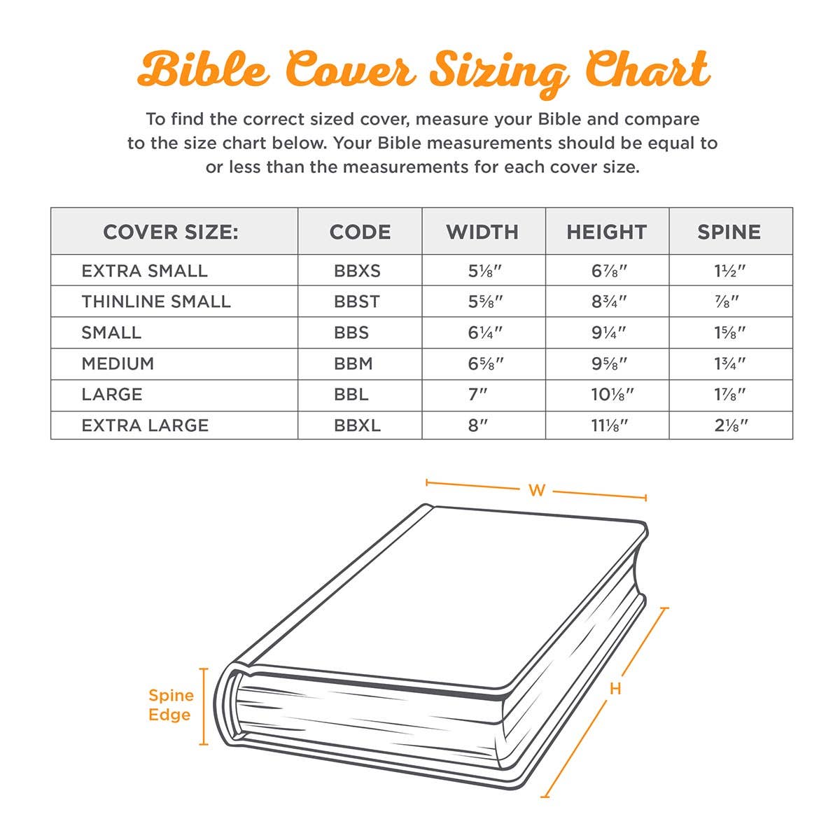 Bible cover sizing chart showing how to measure Bible width, height, and spine to select the correct size Faith honey brown faux leather Bible cover