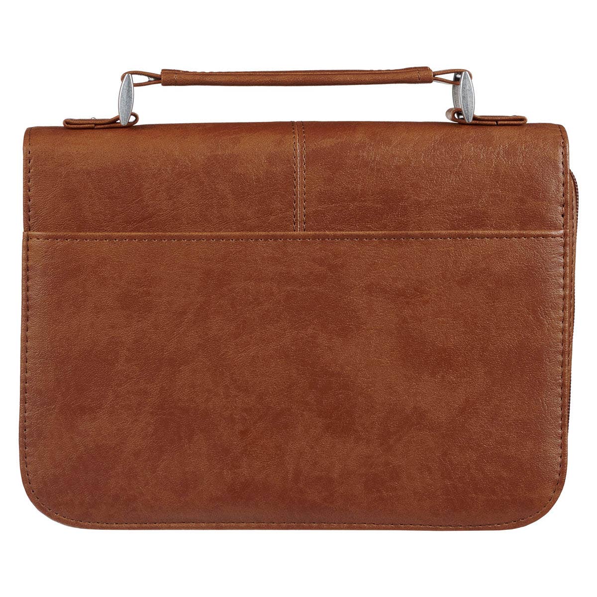 Back view of Faith honey brown faux leather Bible cover showing full-length slip pocket, stitched design, and lay-flat carry handle for Christian Bible storage and protection