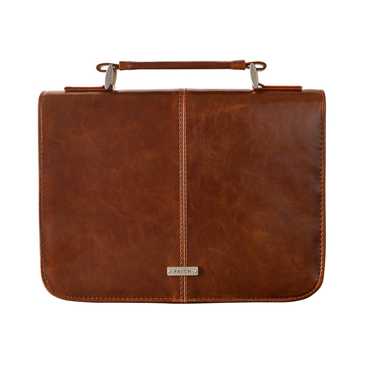 Faith honey brown faux leather Bible cover with vertical stitched seam, silver Faith badge, and lay-flat carry handle, Christian Bible protection case