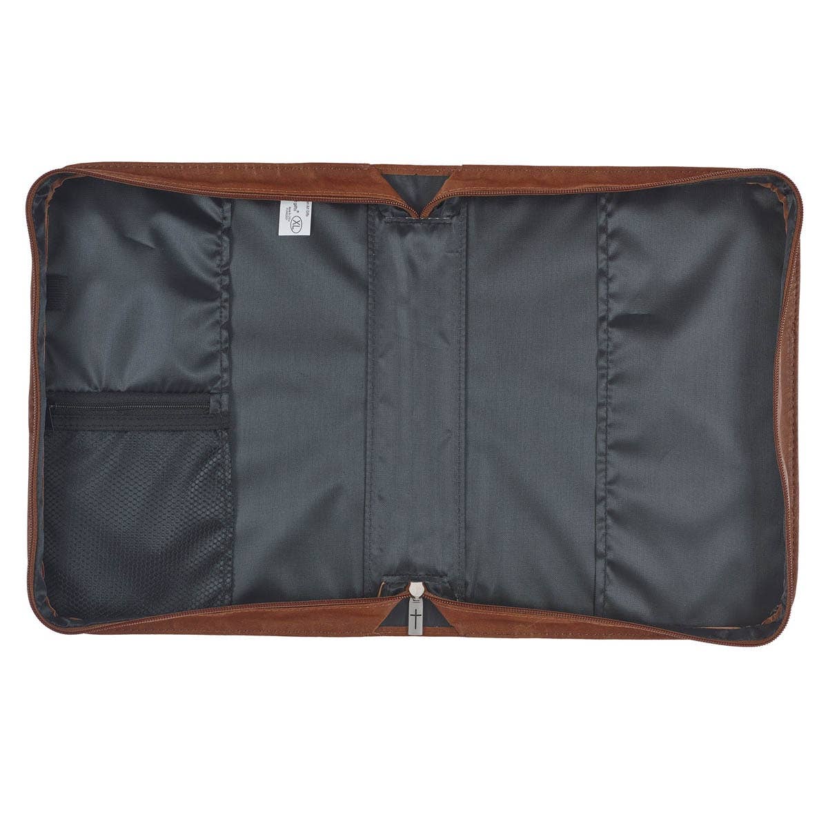 Open interior of Faith honey brown faux leather Bible cover showing protective lining, zippered mesh pocket, and organized storage for Christian Bible and study essentials