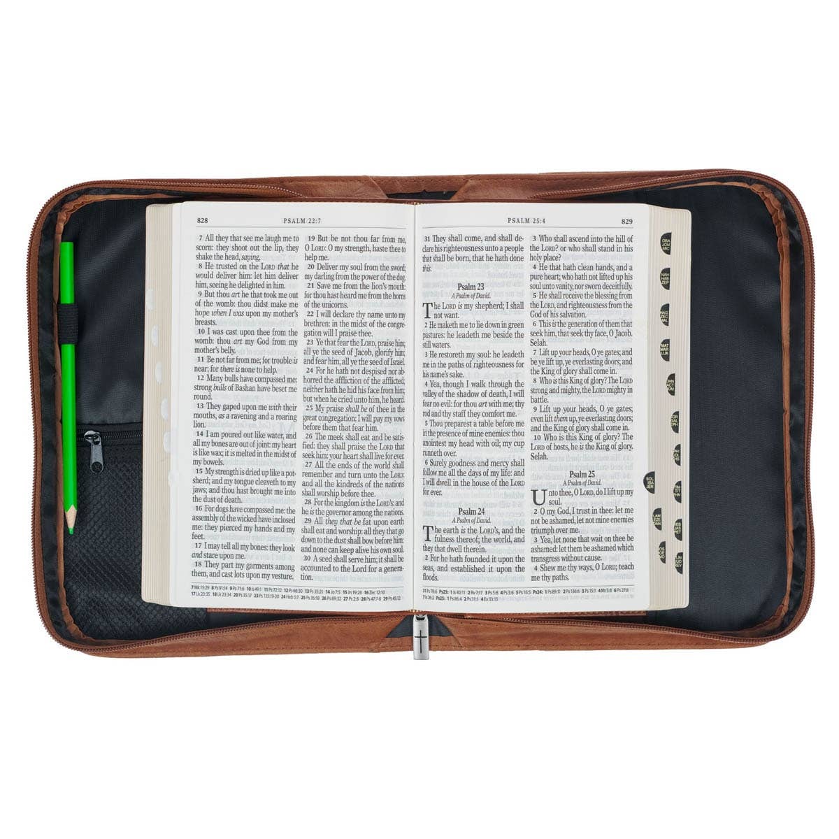 Faith honey brown faux leather Bible cover shown open with Bible inside, featuring organized interior, pen loops, and protective design for Christian Bible storage and daily use