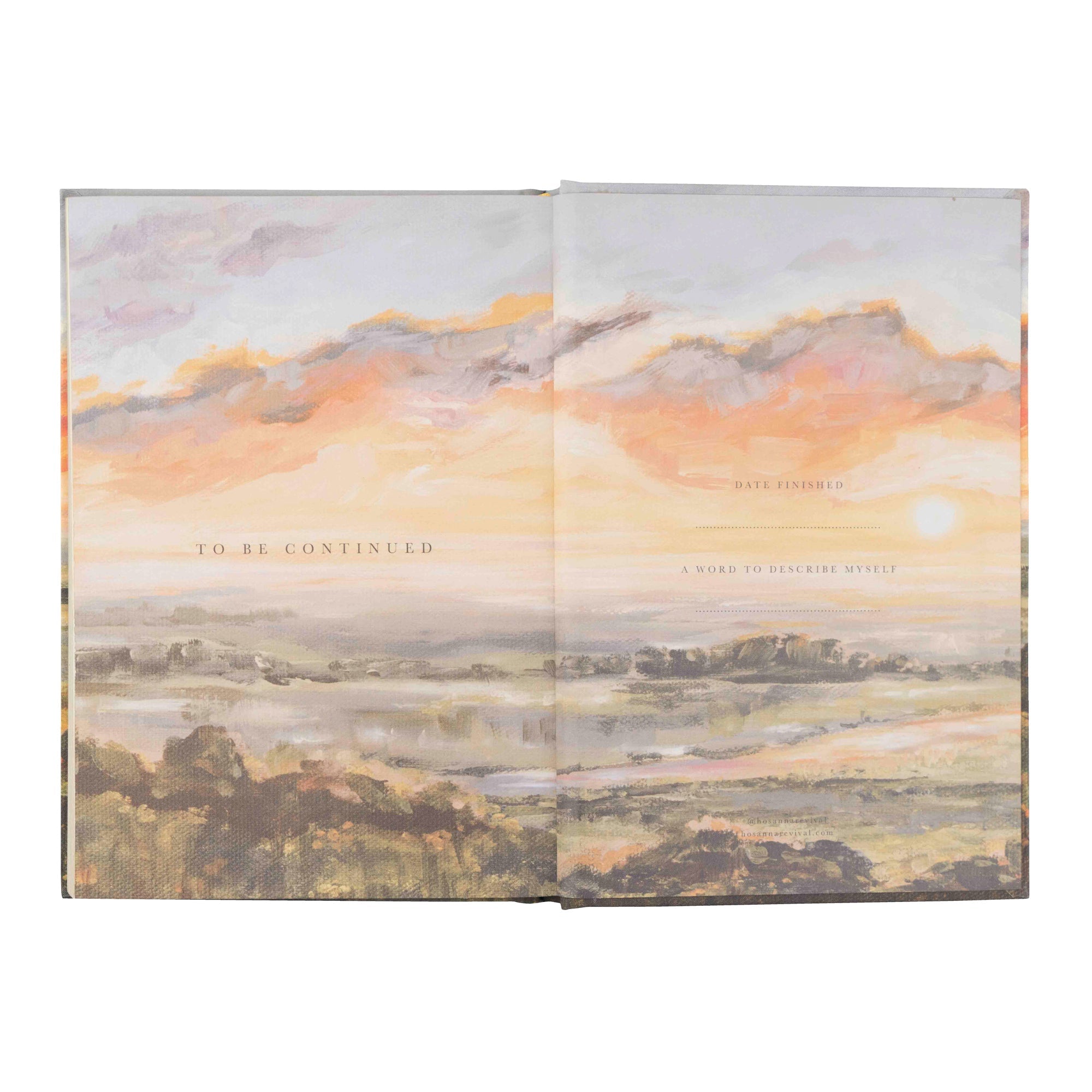 Florence Christian notebook closing pages with sunset landscape artwork and space for date finished and reflection